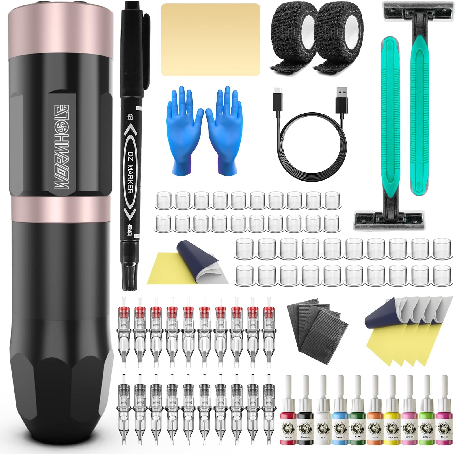 Wormhole Tattoo Kit Wireless Tattoo Machine Kit Wireless Tattoo Gun LED Display 2100 mAh Capacity Tattoo Power Supply Tattoo Pen Kit (Black)