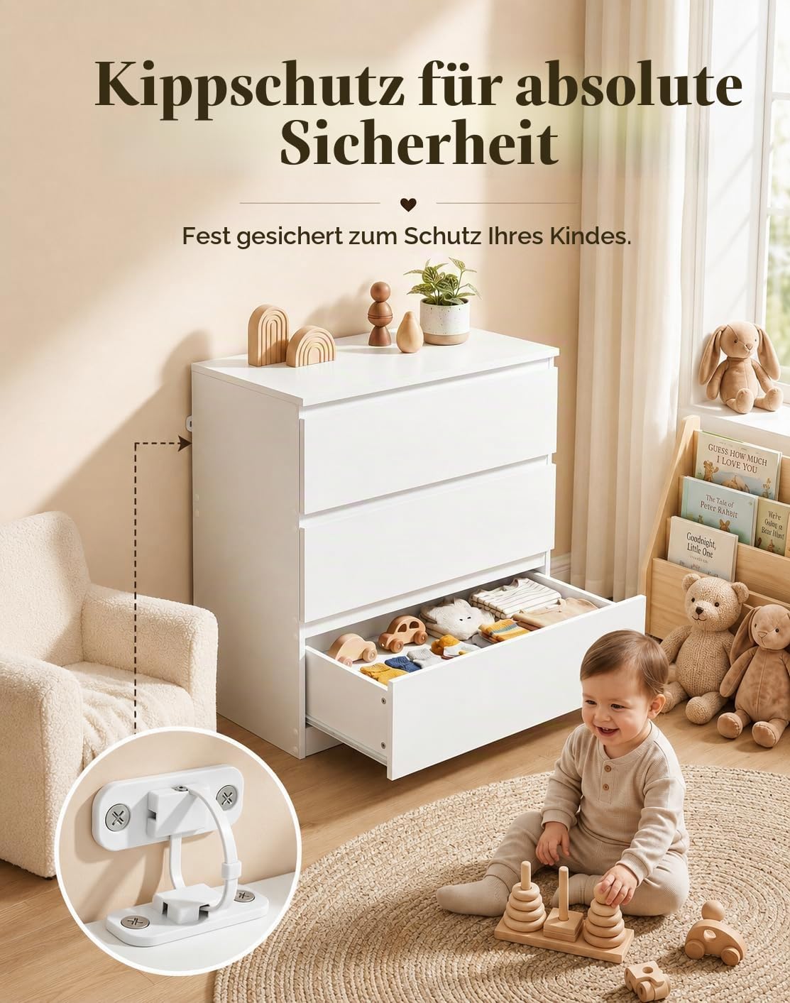 Kommode mit Schubladen, Nachttisch Weiß 60 x 40 x 70 cm, Beistelltisch Klein, Schubladenschrank für Schlafzimmer, Wohnzimmer Kommode, Flur Kommode, Kleiner Schrank