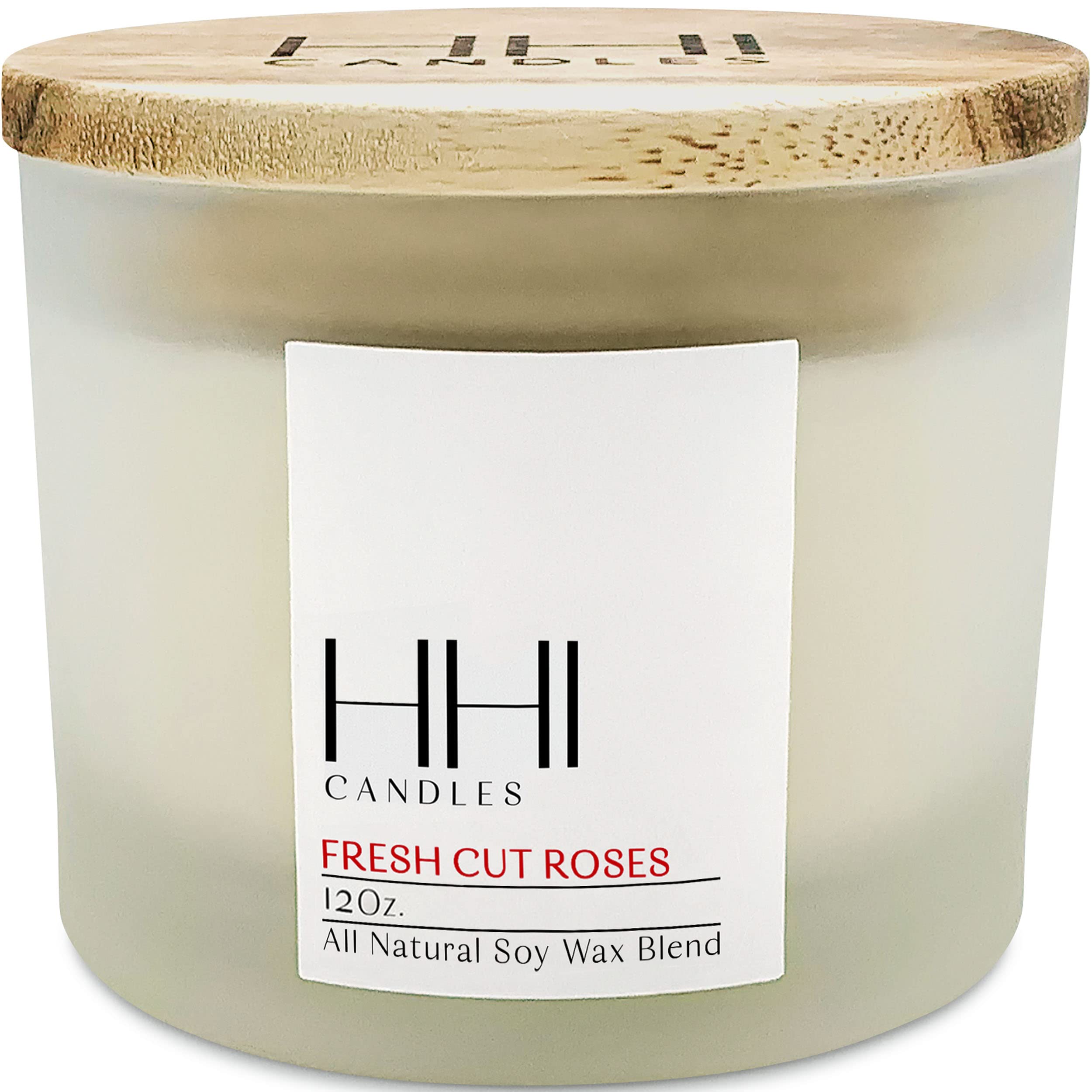HHI Rose Scented All-Natural Soy Candle | Fresh Cut Roses | Large 12 Ounce 3 Wick | Long Burn time | Includes Bamboo Lid and Gift Box