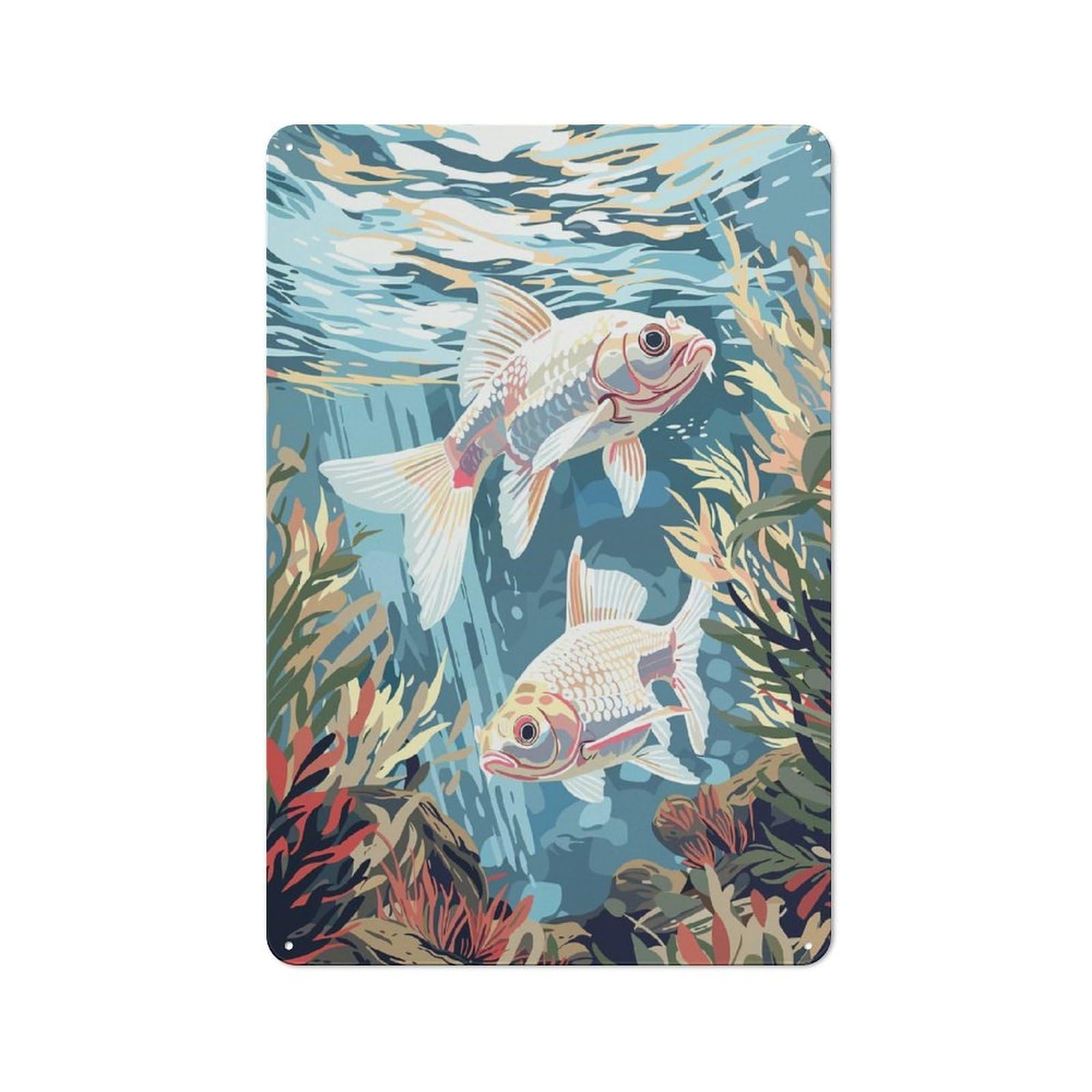 Junmoney Style-23 Vintage Metal Plaque 30X20cm Featuring Koi Fish Underwater, Diner Style Decor For Restaurant, Kitchen, Counter Or Breakfast Nook