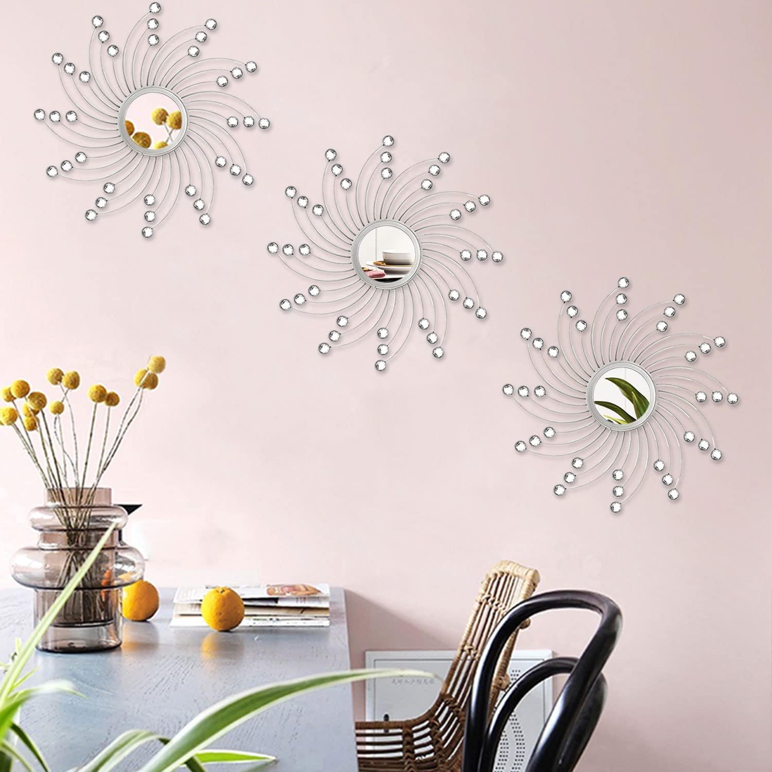 Uaussi 3 Pack Crystal Sunburst Wall Mirror Décor Rhinestone Mirrors Decorative Home Wall Art for Living Room Bedroom Entryway(Curle Burst Silver)