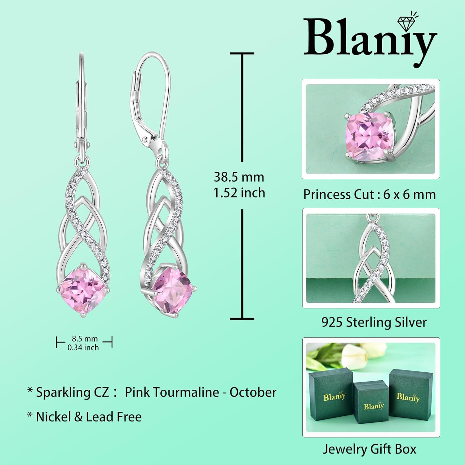 Princess Cut Drop Dangle Earrings 925 Sterling Silver Celtic Knot Leverback Earrings Birthstone Infinity Jewelry Gifts for Women - Image 6