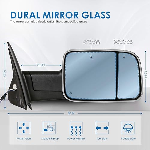 Miniatura 53 de MOSTPLUS Espejo de remolque con calefacción eléctrica compatible con Dodge Ram 1500 2500 3500 1999 2000 2000 2001 2002 con telescopio Manul