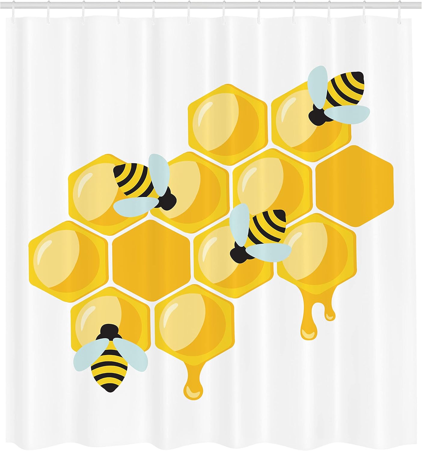 Lunarable Honey Bee Shower Curtain, Simplistic Insects on Hexagon Combs, Cloth Fabric Bathroom Decor Set with Hooks, 69" W x 75" L, Earth Yellow White