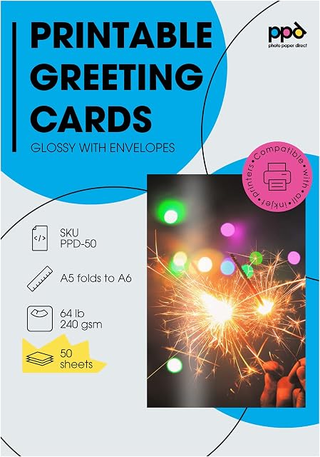 PPD 50 Inkjet Printable Greeting Cards A5 260gsm Gloss Inc Envelopes PPD-50-ENV-50