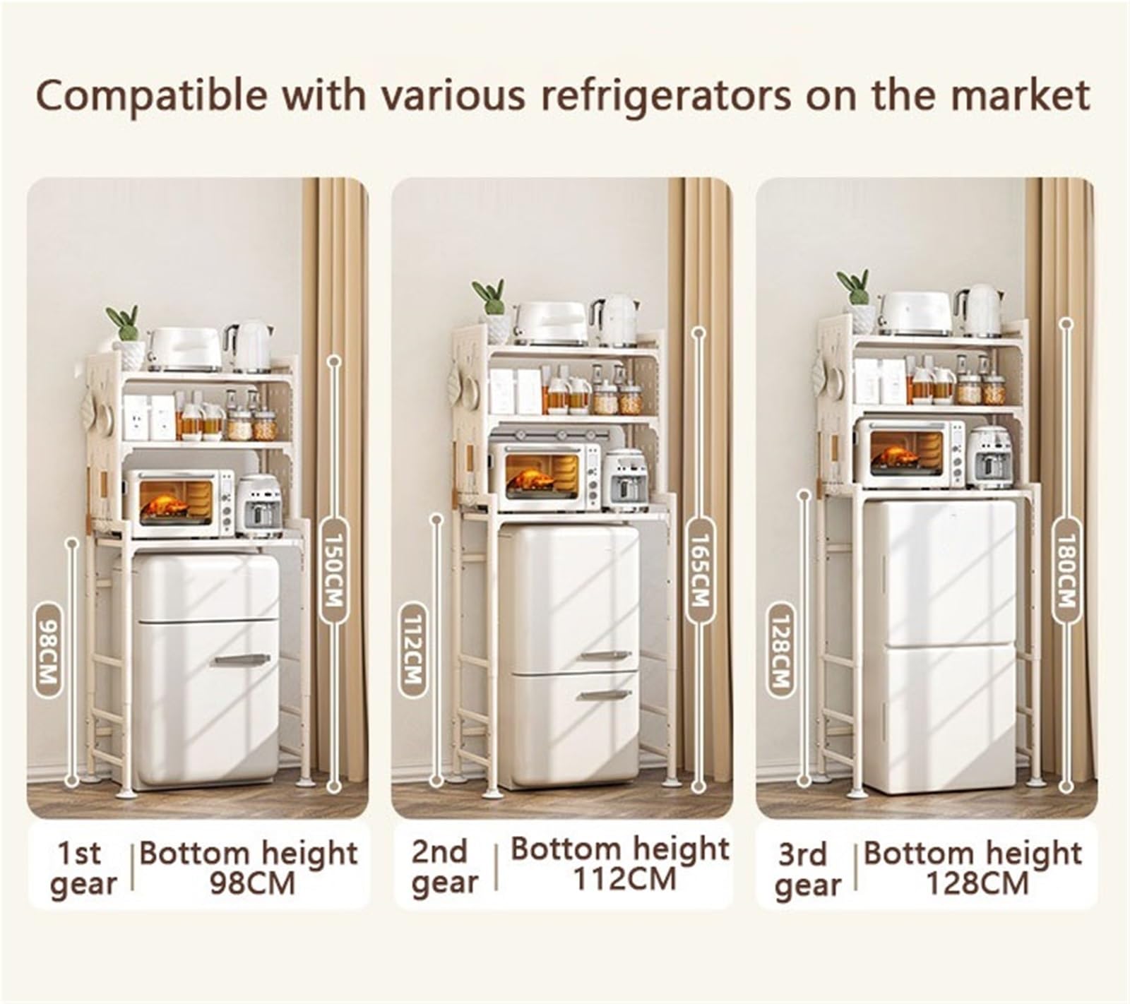 Mini estante expandible de 3 niveles para nevera, estante de almacenamiento de microondas y refrigerador de altura ajustable para organización de cocina, diseño resistente (blanco, se adapta a menos