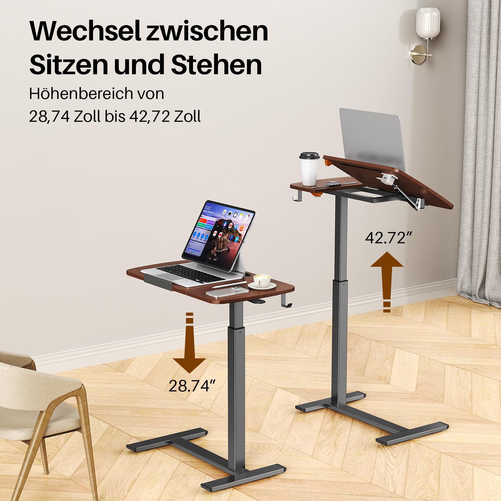 Klappbarer Computertisch mit Rollen, höhenverstellbar, bis 39.9 kg, Braun