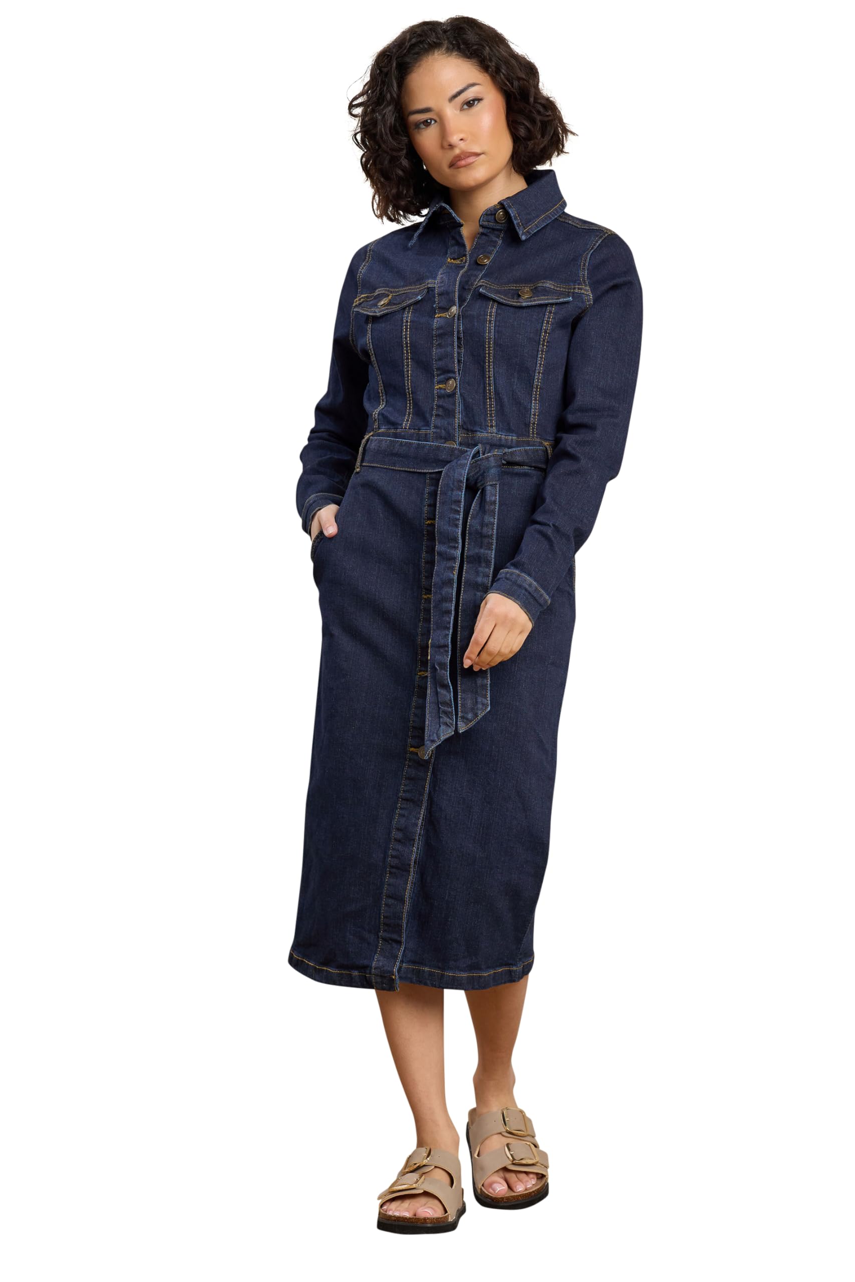 PixieGirl Petite Indigo Blue Denim Tie Waist Midi Dress Petite