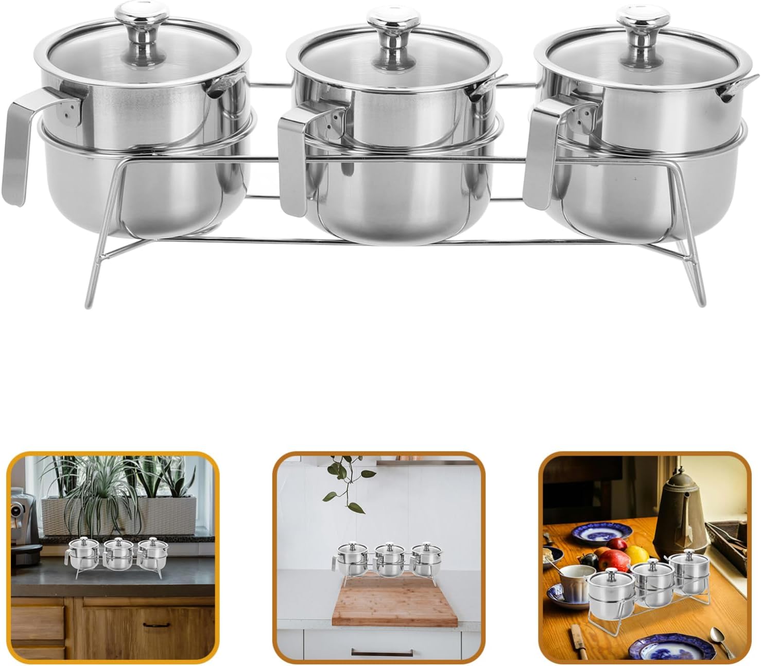 1set Stainless Steel Seasoning Containers Lids Stylish Spice Jar Rack for Salt Pepper and Sugar Storage Kitchen Organization