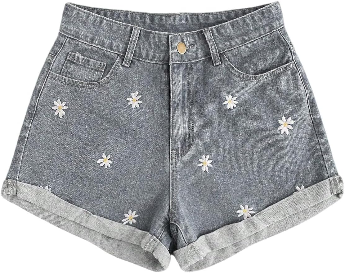 OYOANGLE Women's Floral Denim Shorts Zipper Fly Wide Leg Embroidered Jean Shorts with Pockets