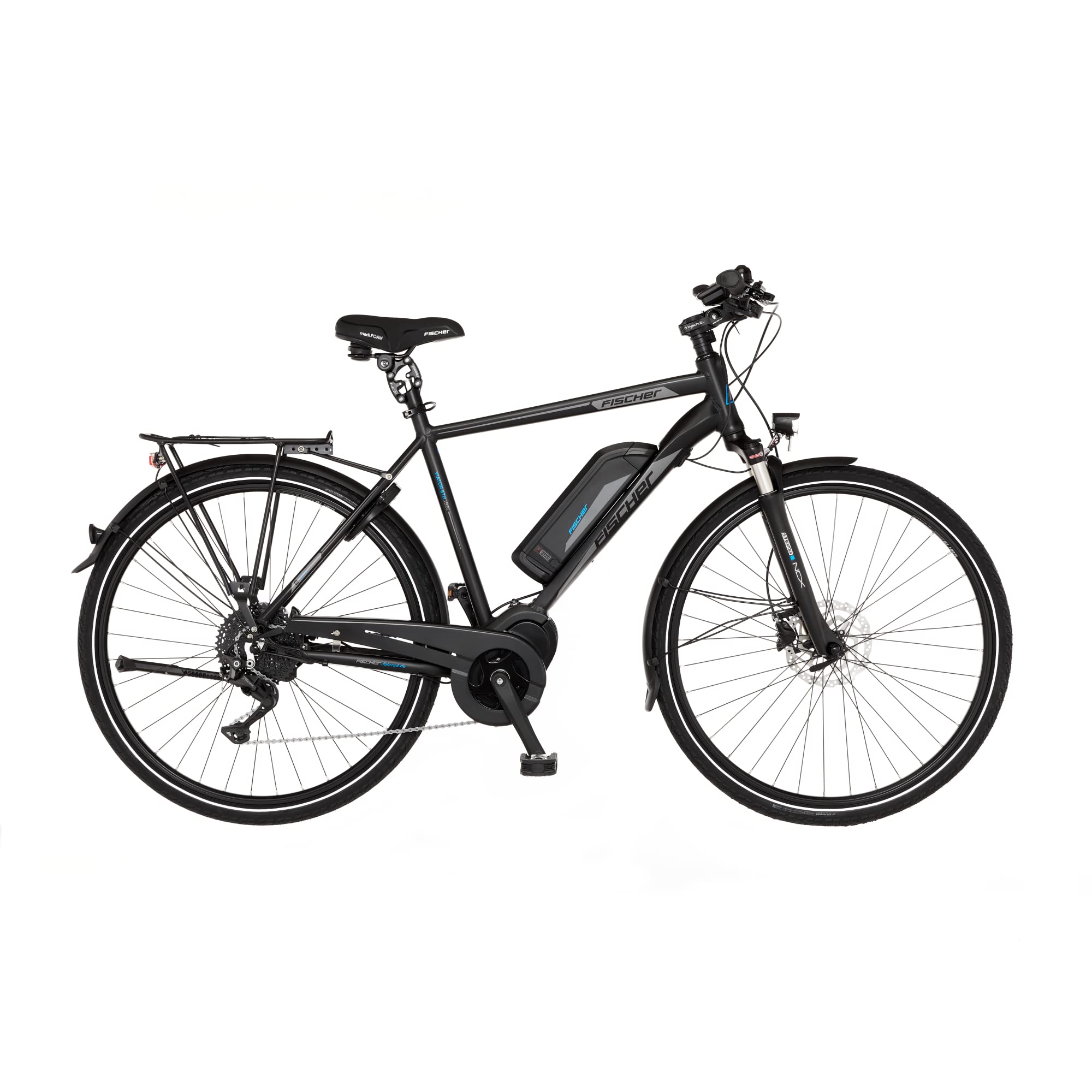FISCHER E-Bike Trekking VIATOR ETH 1861, Elektrofahrrad für Damen und Herren, RH 55 cm, Mittelmotor 80 Nm, 48 V Akku, schwarz matt