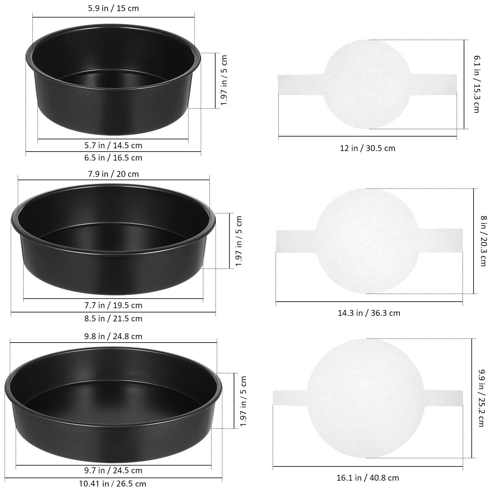 Zerodeko 3 Moldes Redondos para Hornear Pasteles de Acero al Carbono con Papel de Pergamino, Antiadherentes y Fáciles de Usar para Diversas Situaciones de Repostería