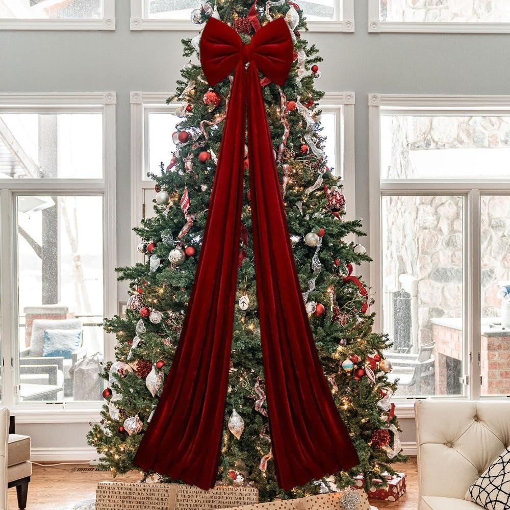 Grande fiocco natalizio, punta per albero di Natale, fiocco, porta di casa, per interni ed esterni, decorazione per feste, vacanze, decorazioni natalizie in velluto (rosso vinaccia)