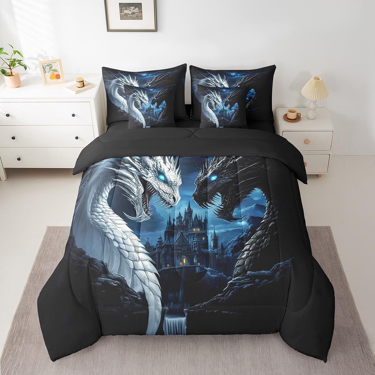 3D Dragon 7Pcs Comforter Set King,Black and White Dragon Bedding Set,Moonlight Castle Fitted Flat Sheet,Kids Boys Teens Adult Room Decor,Magical Western Wild Animals 2 Pillow Cover,2 Pillowcases - Image 2