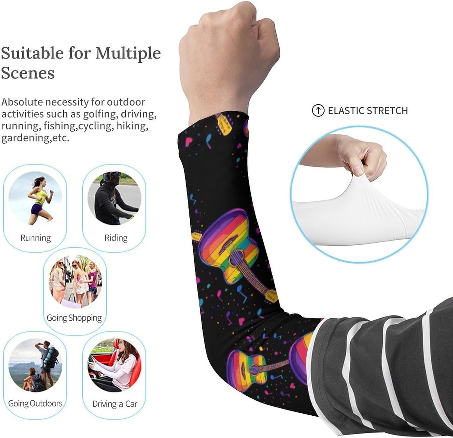 Guitar Colorful Musical Notes Arm Sleeves Sun Protection Sleeves Sports Cooling Arm Compression Sleeve for Men Women