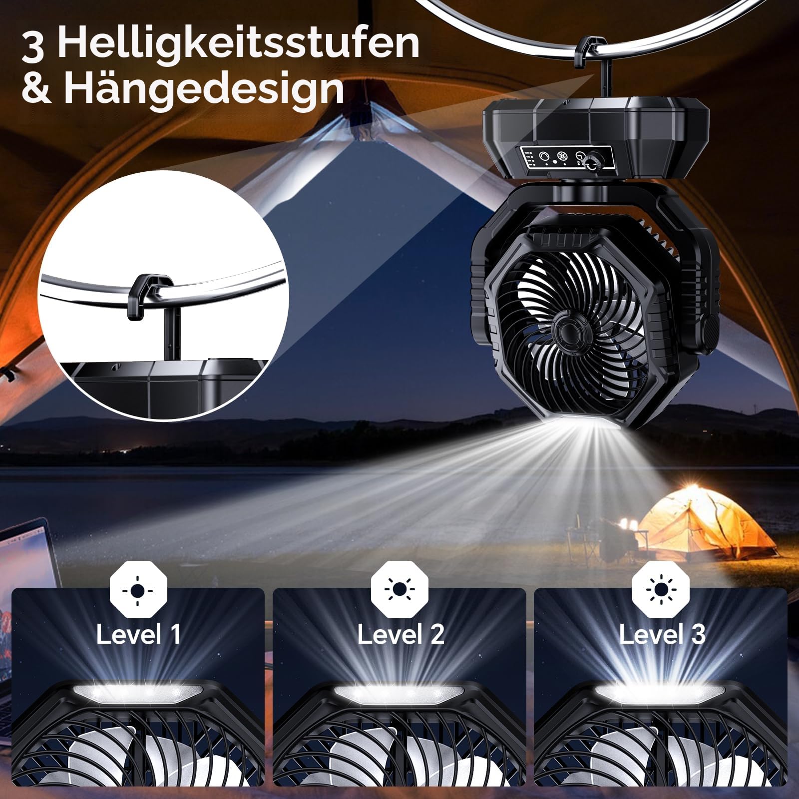 AJVV Camping Ventilator 20000mAh Akku Ventilator mit Fernbedienung LED Licht 270° Drehung Tischventilator