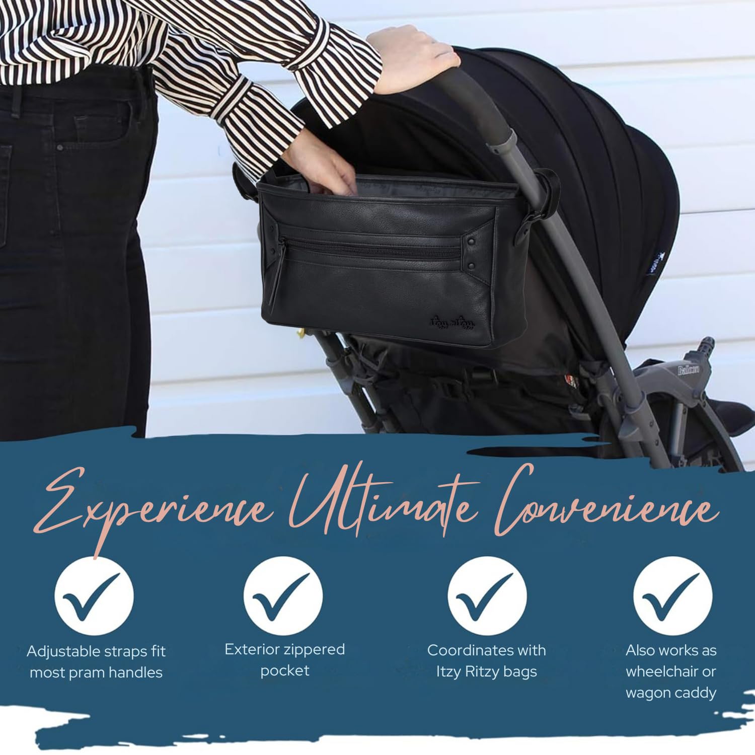 Itzy Ritzy Baby Pram Bag, Universal Pushchair Organiser with 2 Built-in Cup Holders, Zipped Pocket Buggy Bag Compartment - Image 3