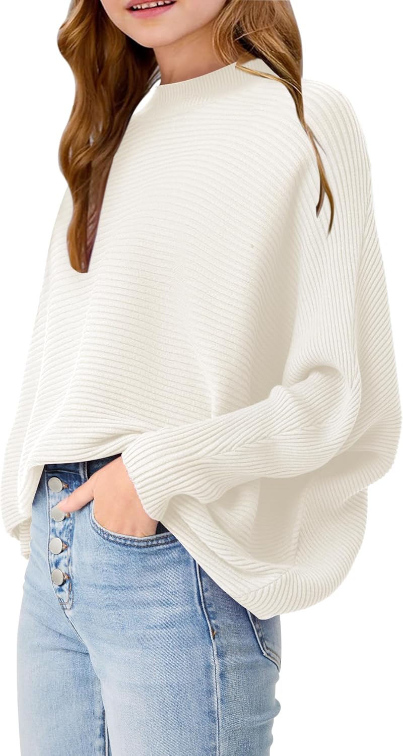 Girls Oversized Sweater Kids Fashion Batwing Sleeve Ribbed Knit Pullover Tops 5-14 Years - Image 2