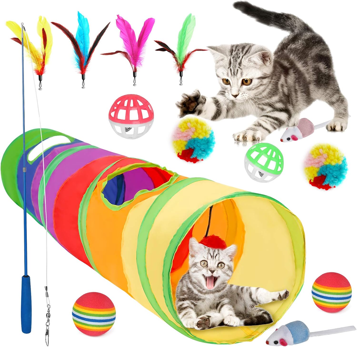 Welltop 14 PCS Cat Toys Kitten Toys Assortments, Interactive Toys Set Including Foldable Cat Tunnel Wand Fluffy Mouse Mice Colorful…