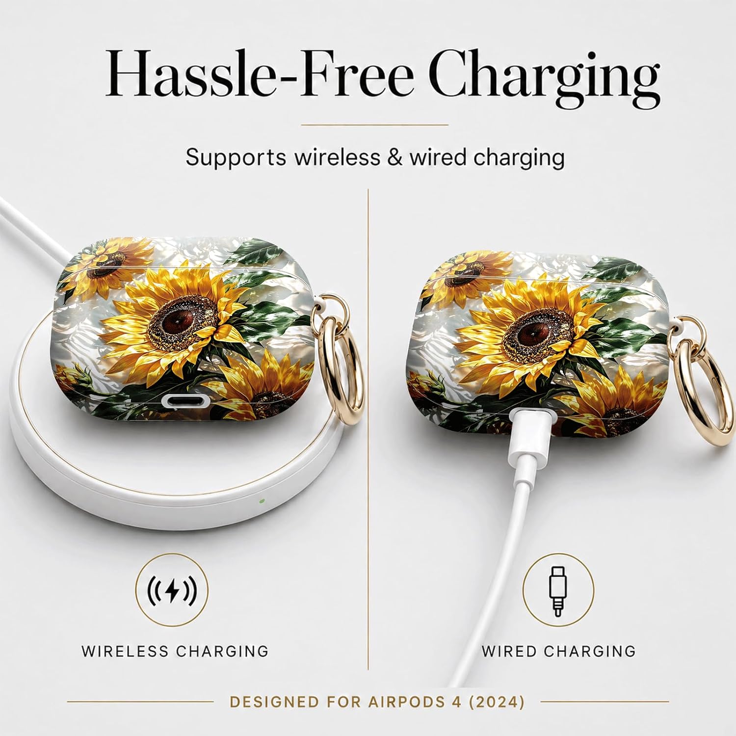 Compatible with Airpod 4 Case,TPU Cute Pattern Protective, Shockproof Anti Scratch Case with Keychain Ring,Supports Wireless Charging(Sunflower with Green Leaves) image 5