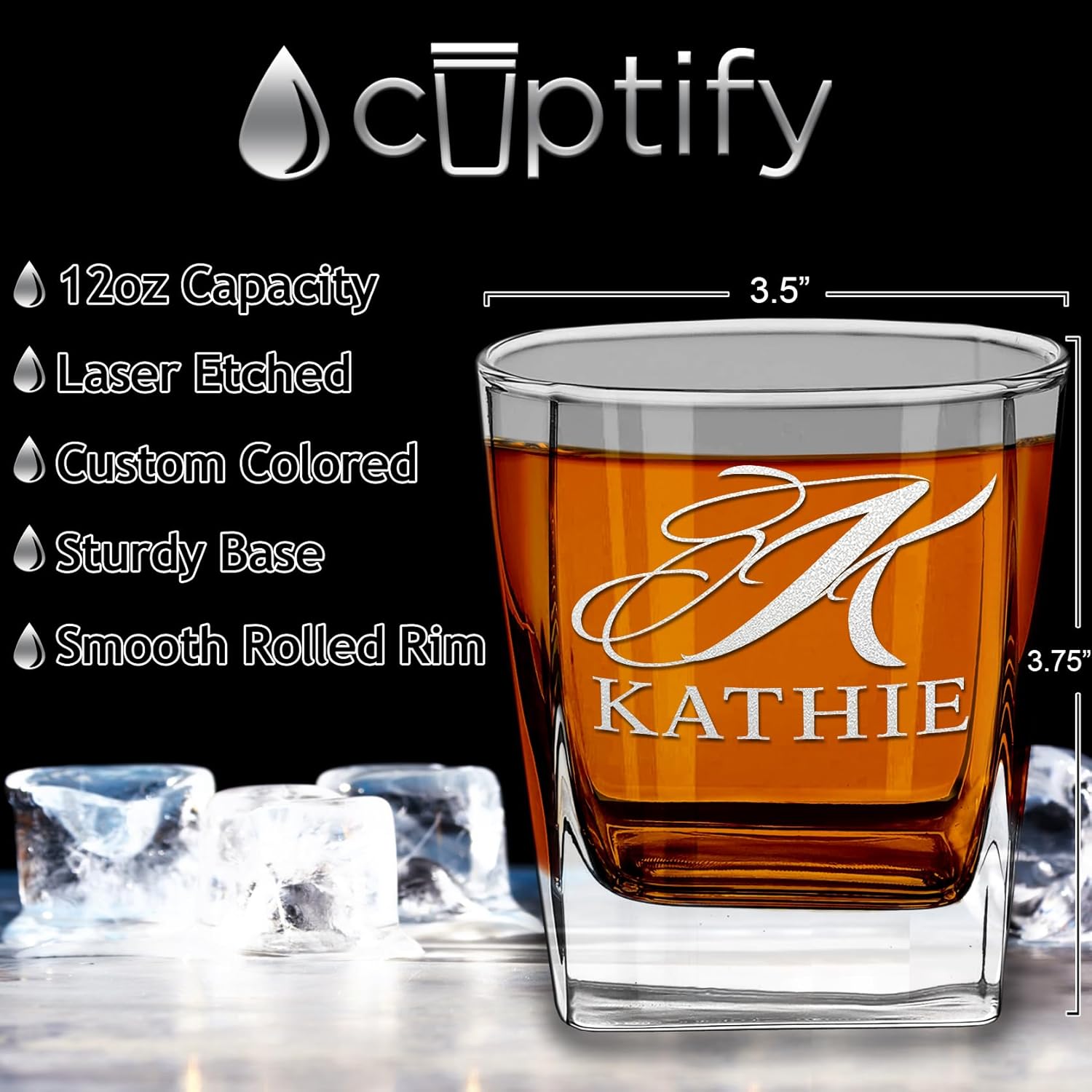 Cuptify Personalized Whiskey Glasses for Men Set of 6 Etched Initial and Name 12 oz Double Old Fashioned Rocks Cocktail Bourbon Glass for Birthdays, Weddings, Father’s Day & More