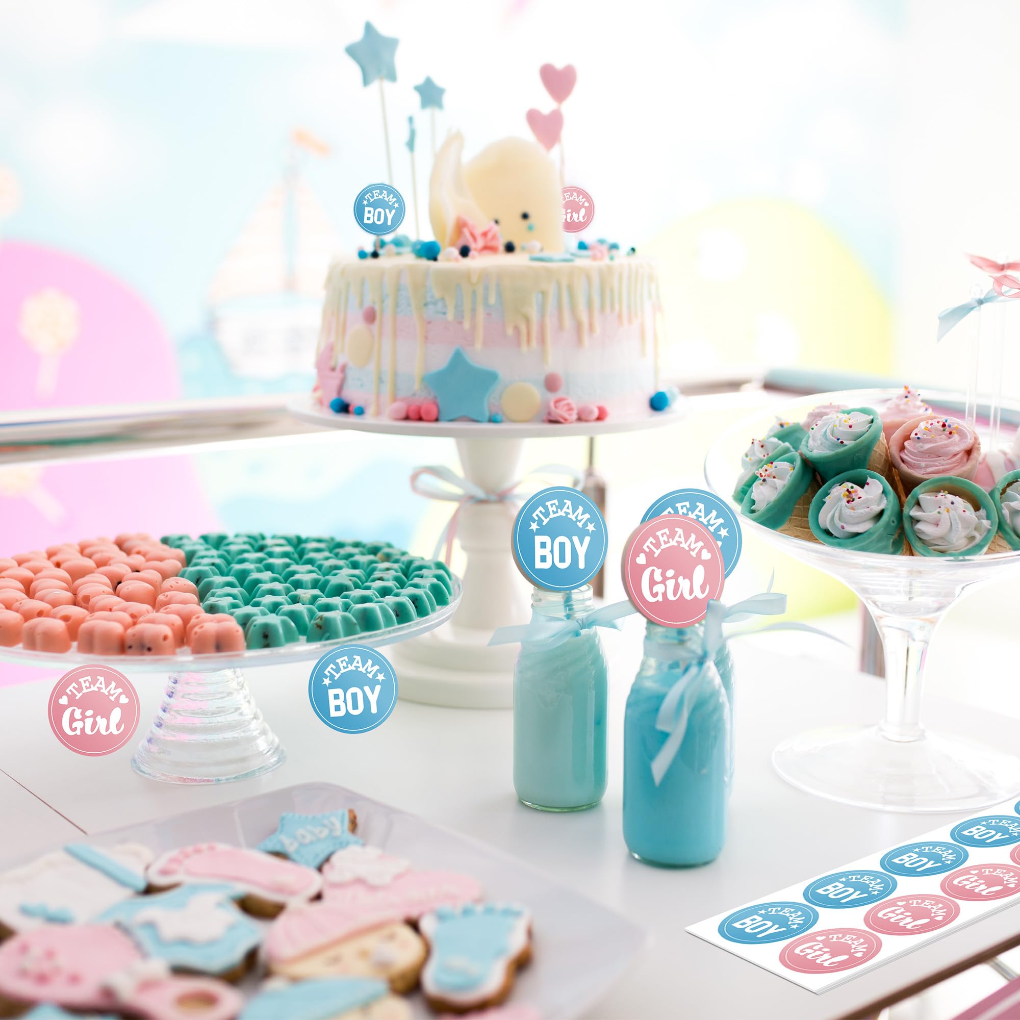 Pink and Blue Gender Reveal Party Stickers - 100 Count, Team Boy and Team Girl Voting Labels for Baby Shower and Gender Reveal Decorations
