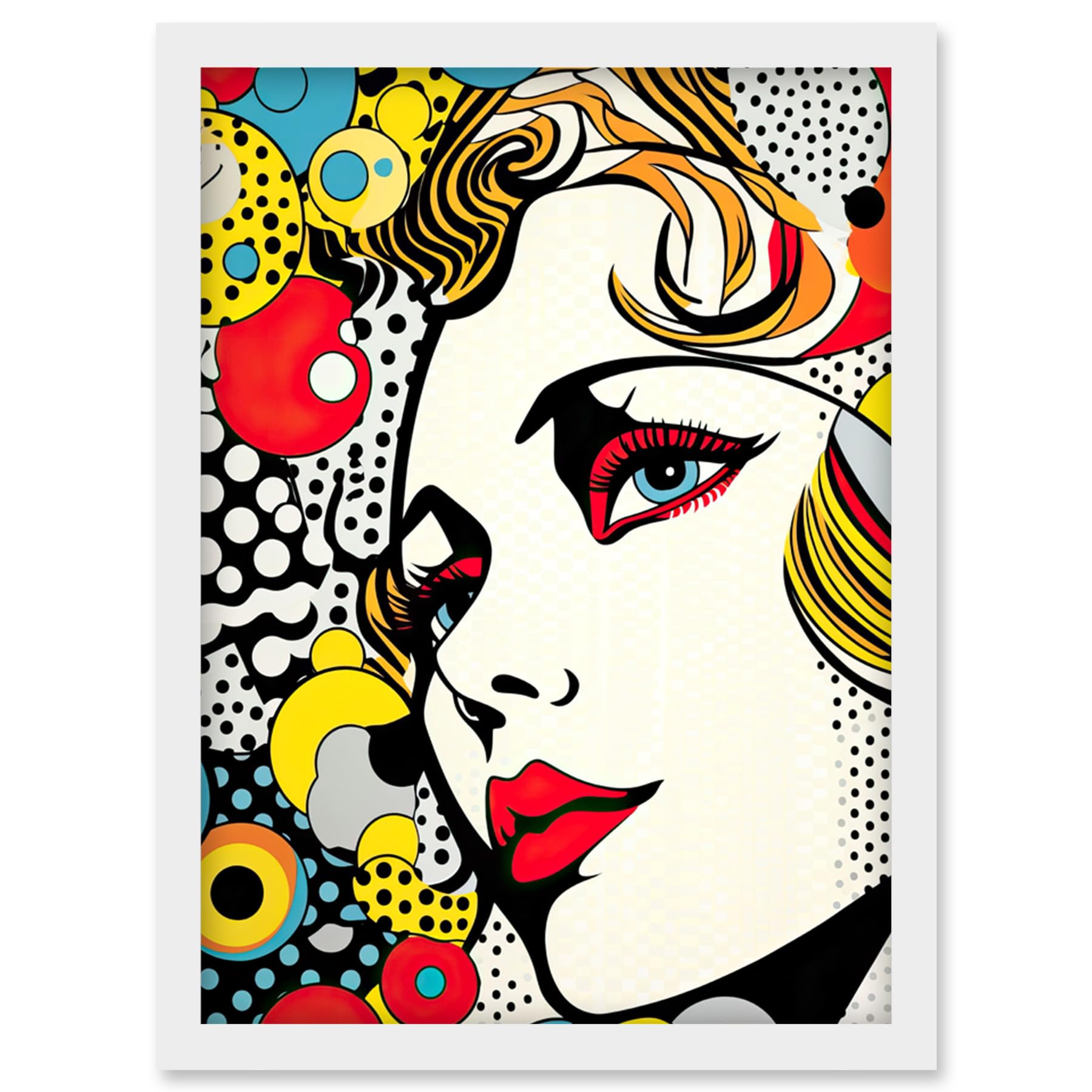 Artery8 Woman Face Geometric Patterns Bubbles Comic Book Style Pop Art Teen Room Halftone Artwork Framed Wall Art Print A4