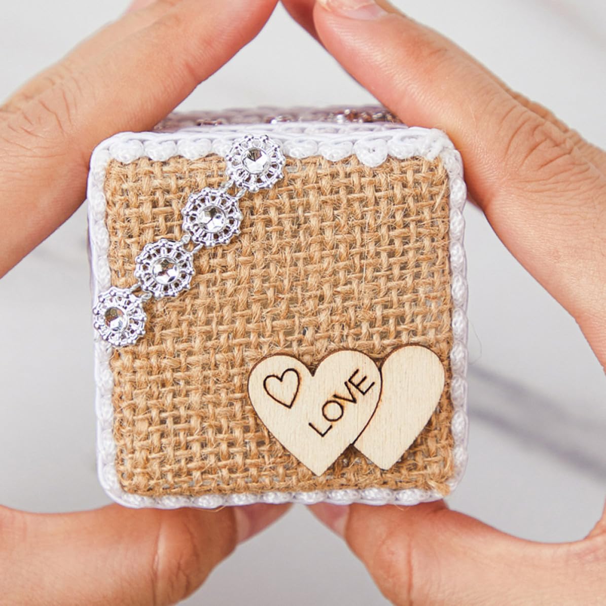 Rustic Wedding Ring Bearer Pillow with Double Heart Shape, Linen and Silk Material, Comfortable Feel, Multifunctional Ring Box for Engagements and Weddings
