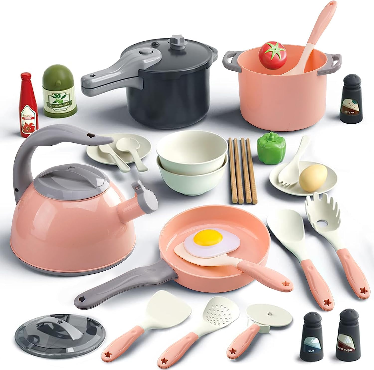 EGEN 32Pcs Kids Kitchen Toy Accessories, Toddler Pretend Cooking Playset with Play Pots and Pans, Utensils Cookware Toys, Play Food Set, Canned Toy Vegetables,Toddlers Boys Girls Birthday Gift (pink)