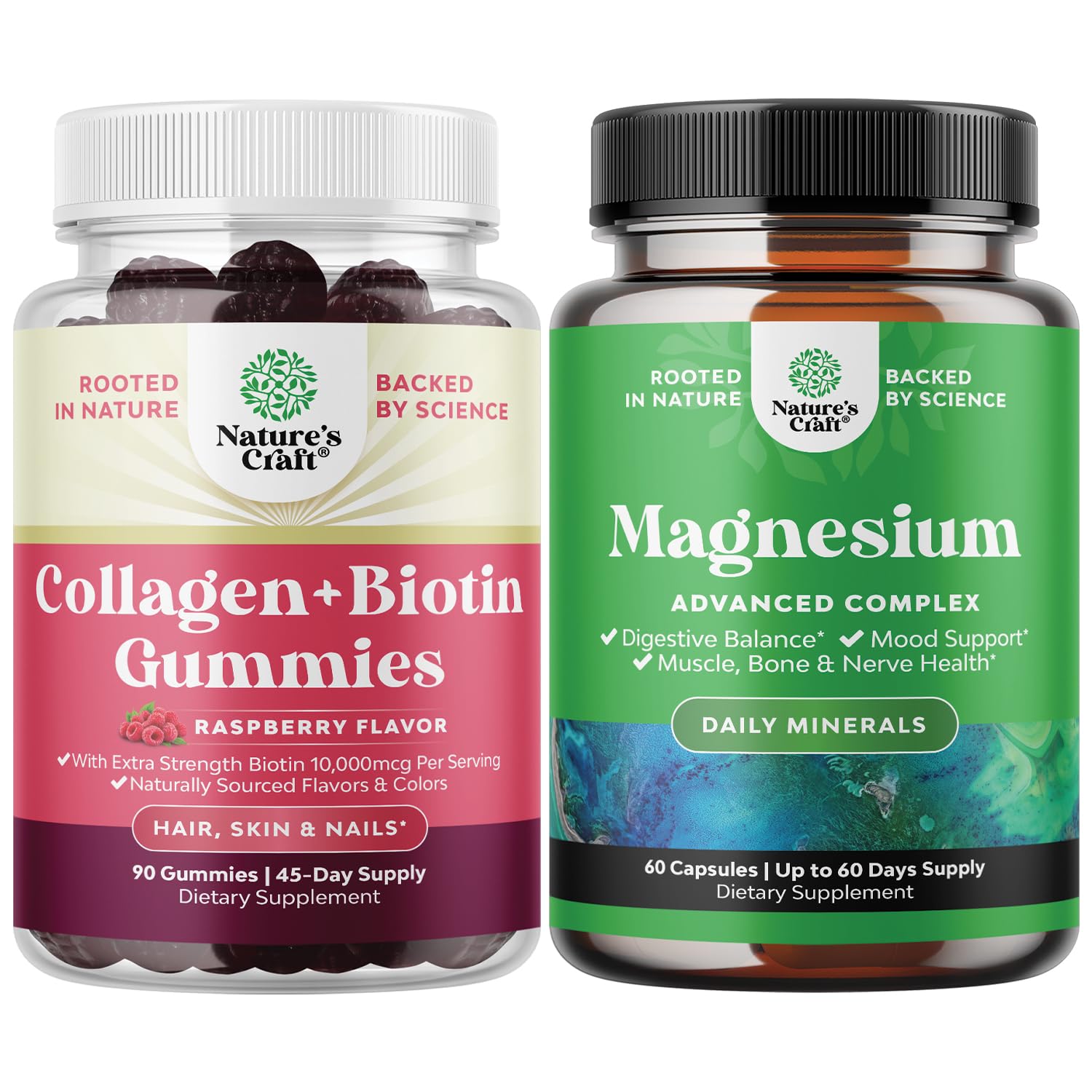 Bundle of Hair Skin and Nails Gummies for Women - Extra Strength Biotin and Collagen Gummies for Women Hair Skin Nails Support and High Absorption Magnesium Complex Supplement for Sleep Stomach Digest