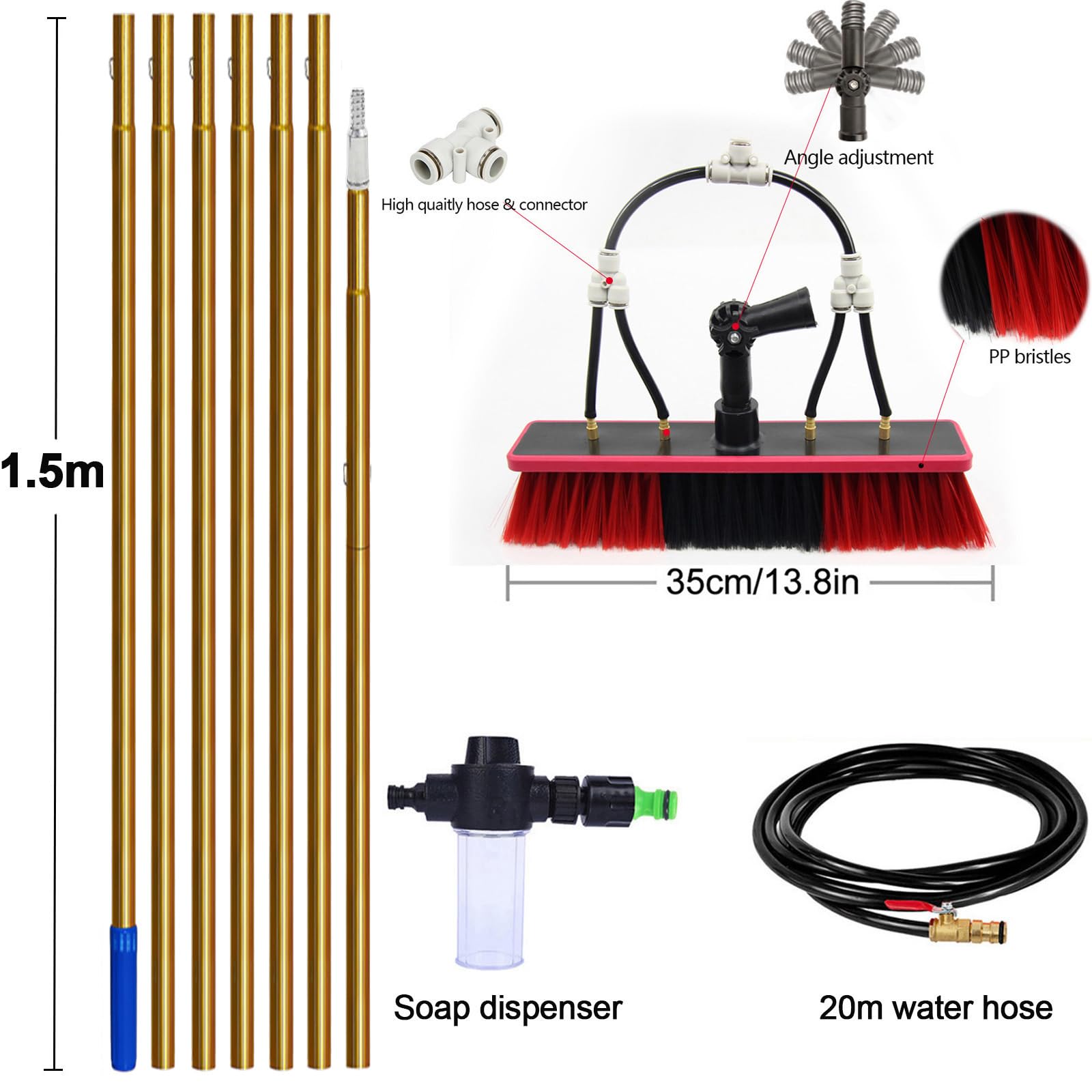 Kit de Limpieza de Ventanas de 10 m, Limpiador de techos de porches, Cepillo para Paneles solares con dispensador de jabón y Manguera: la solución definitiva para la Limpieza de ex
