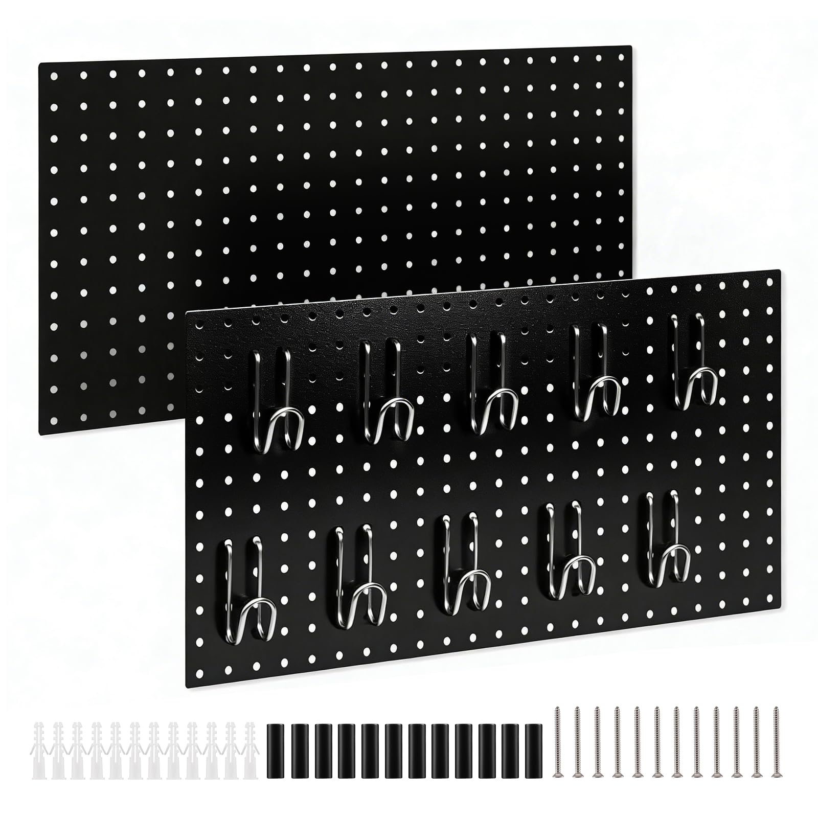 DEWEL 2 Pack Black Metal Pegboard, 23x12 Inch Wall Organizer with Hooks