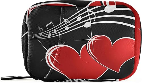 Pastillero de viaje con notas musicales, diseño de corazón rojo, 8 compartimentos, pastillero individual para 7 días, organizador con cremallera
