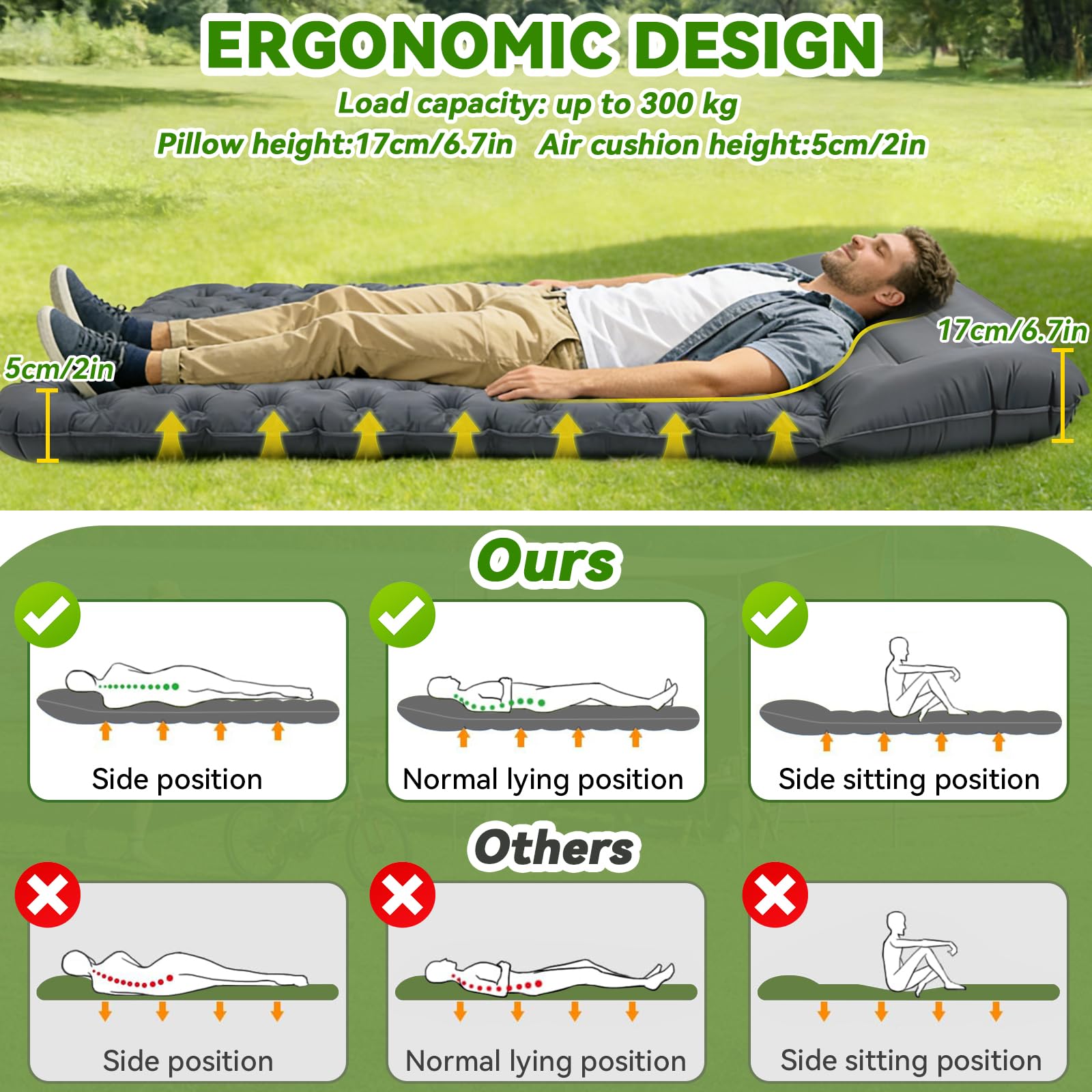 Matelas de Camping, Tapis de Lit Double Auto-Gonflable avec Oreiller et Pompe à Pied intégrée Matelas de Camping Gonflable Portable et Compact pour Tente Trekking Plage