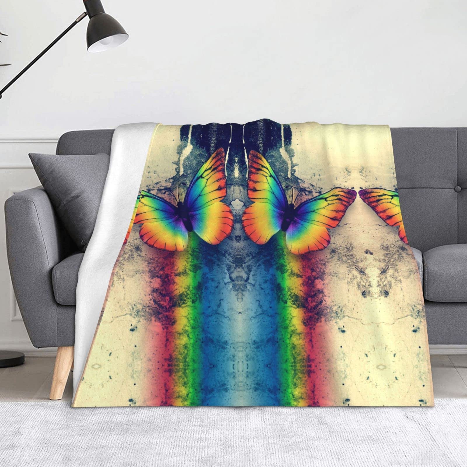 Couverture en flanelle papillon arc-en-ciel lit et canapé
