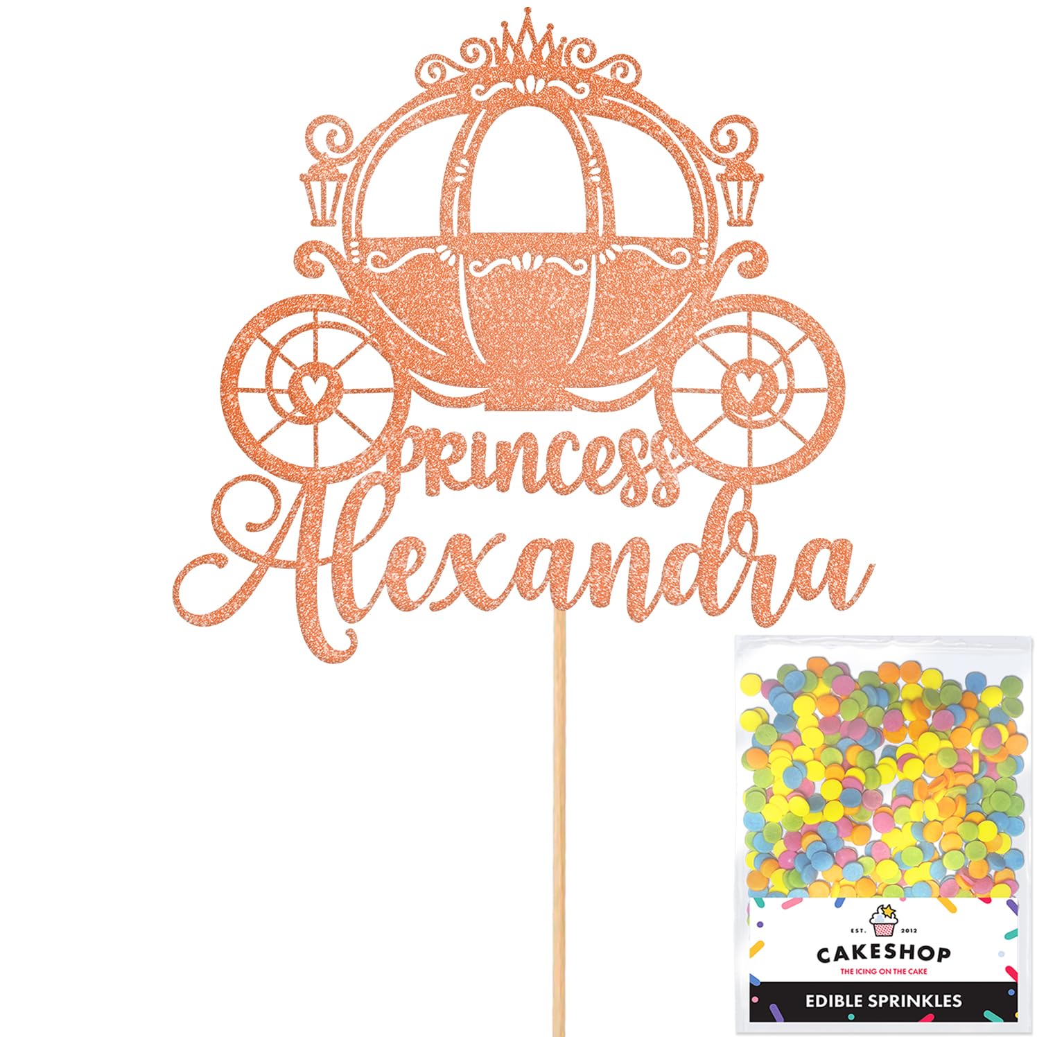 Personalised Princess Carriage Glitter Cake Topper- Rose Gold Any Custom Name Glitter Cake Decoration and Sprinkles - Happy Birthday Decorations - Personalised Toppers for Cakes by Cakeshop โ image 1