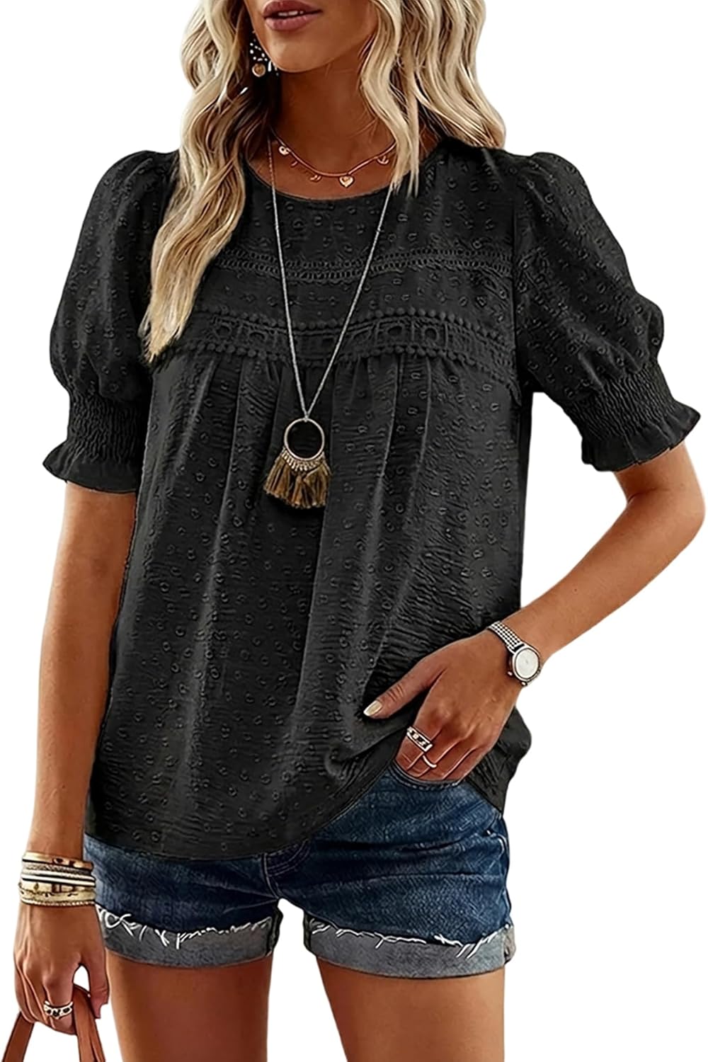 CHICME Womens Summer Tops Crewneck Puff Sleeve Shirts Dressy Casual Blouses Flowy Lace Hem Boho Clothing Trendy 2026