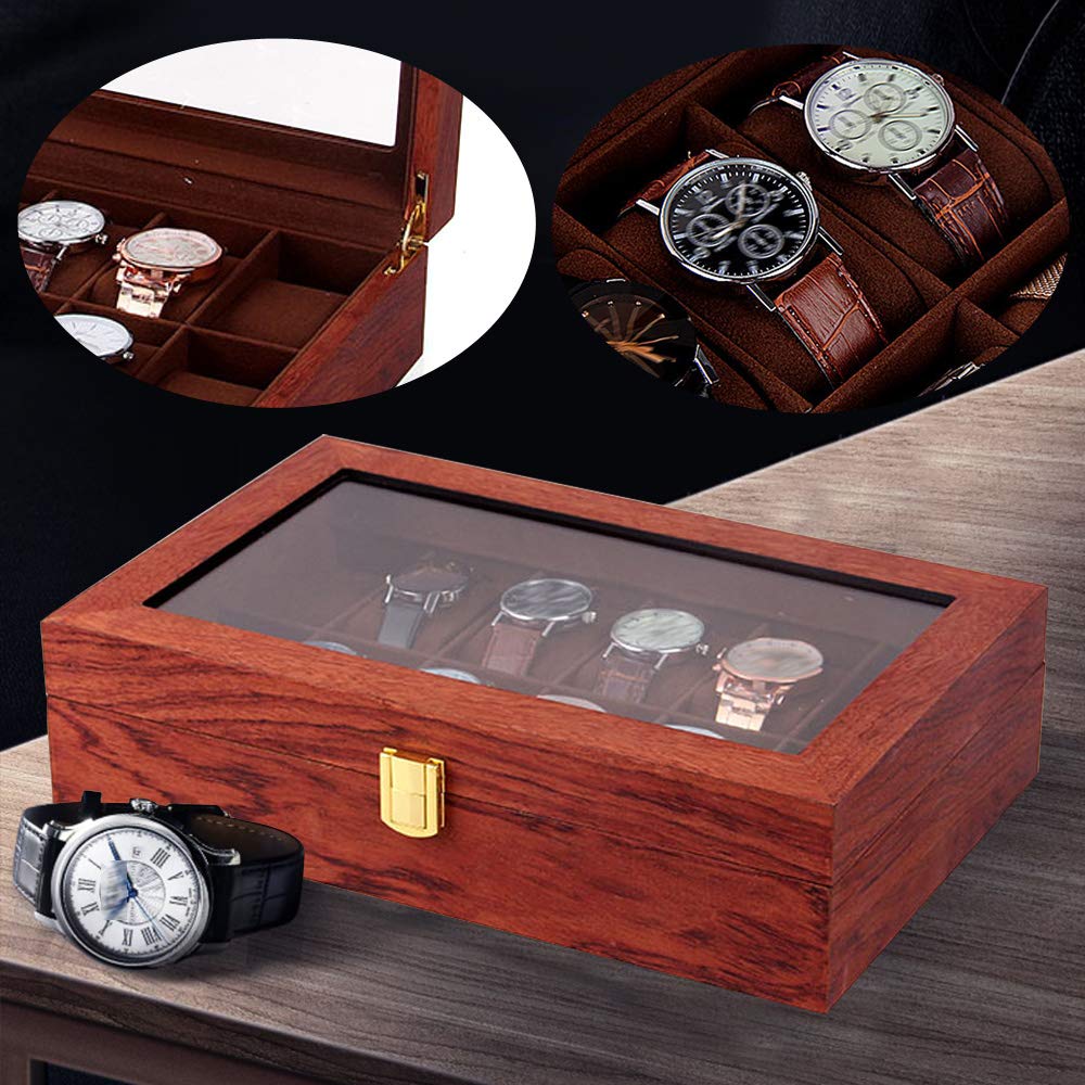 Caja de madera para relojes de 6/10/12 ranuras, caja de reloj de madera maciza, ideal para exhibir y guardar relojes (12 ranuras)