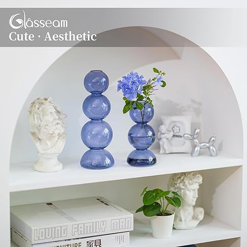 Miniatura 3 de Glasseam Jarrón de burbujas de cristal, bonitos jarrones de color azul claro para flores, pequeños jarrones únicos para centros de mesa, jarrón