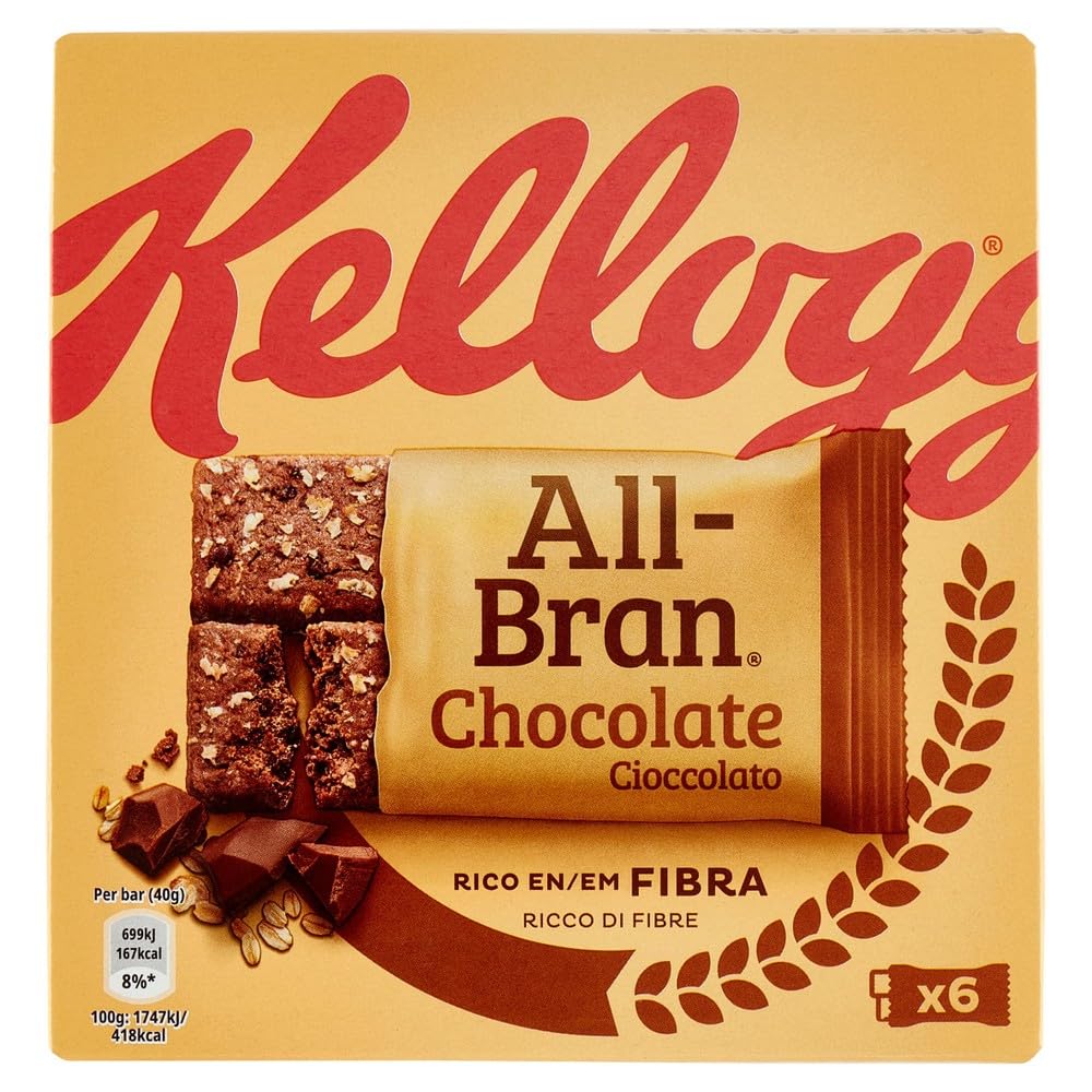 6X All Bran Chocolate Barrette di Cereali Ricche di Fibre con Gocce di Cioccolato 240g [CAIYA® BOX da 6 Confezioni]