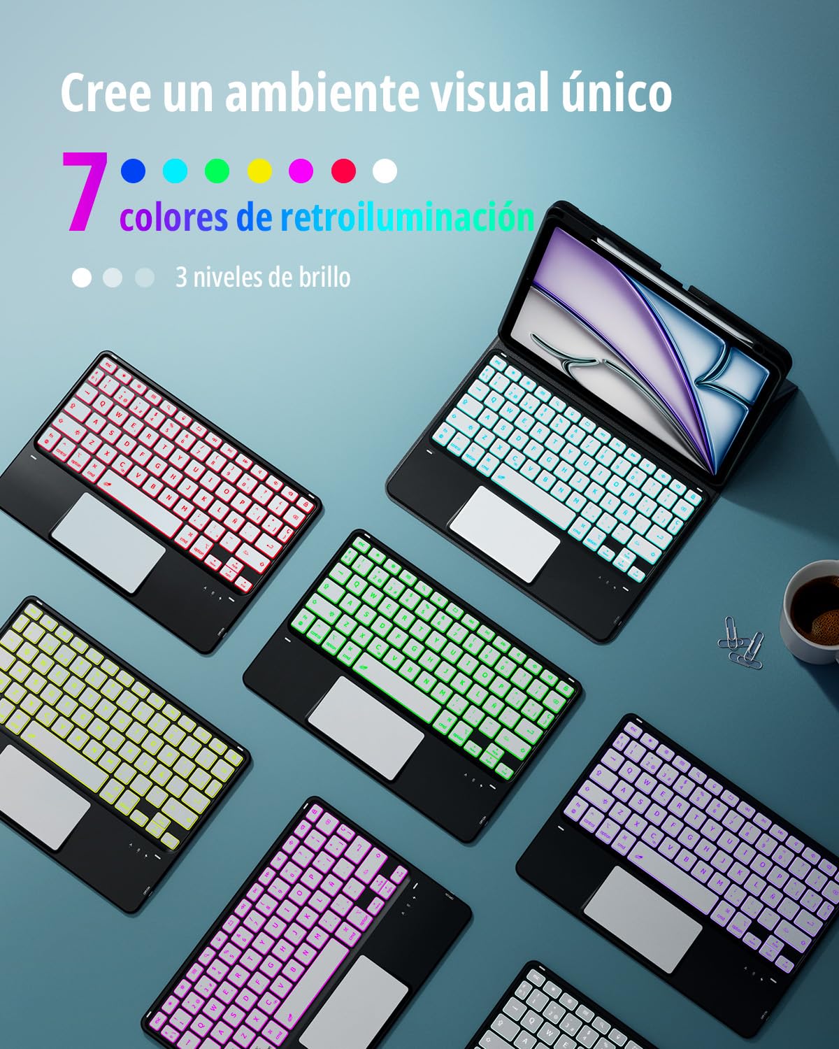 CACOE Funda Teclado para iPad Air 11 Pulgadas 2026/2025/2024 (M4/M3/M2) con Touchpad, Iluminación de 7 Colores, [Español] Teclado para iPad Air (8/7/6/5/4) Gen Magnético Desmontable, Negro