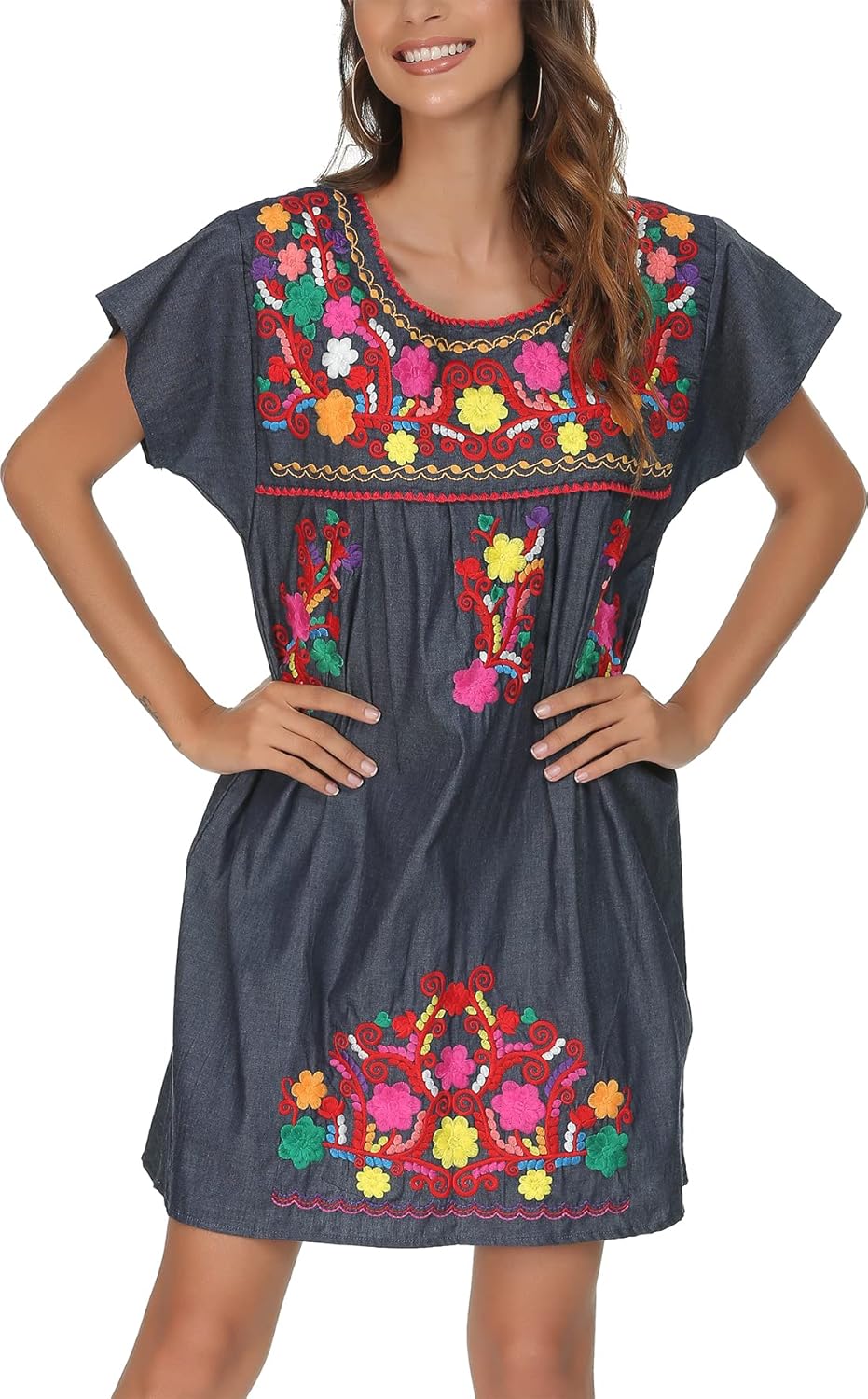 YZXDORWJ Women Embroidered Lace Short Sleeve Dress Peasant Maxi Boho Dress - Image 4