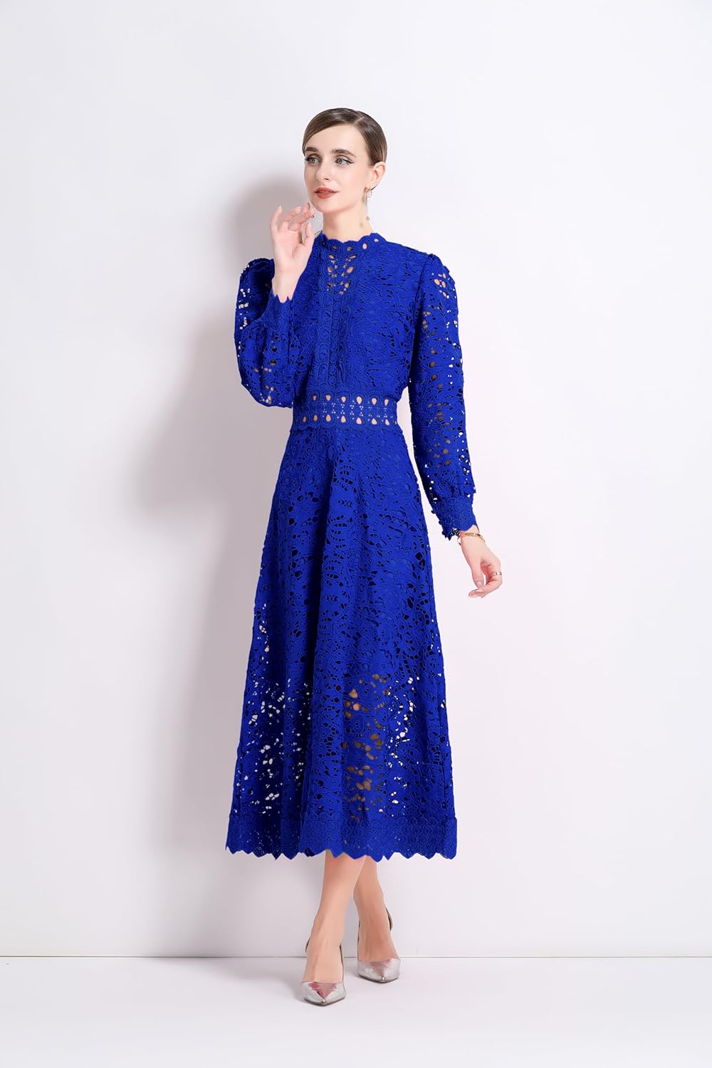 LAI MENG FIVE CATS Women's Puff Long Sleeve Crew Neck Hollow A Line Empire Waist Cocktail Flowy Maxi Dress - Image 2