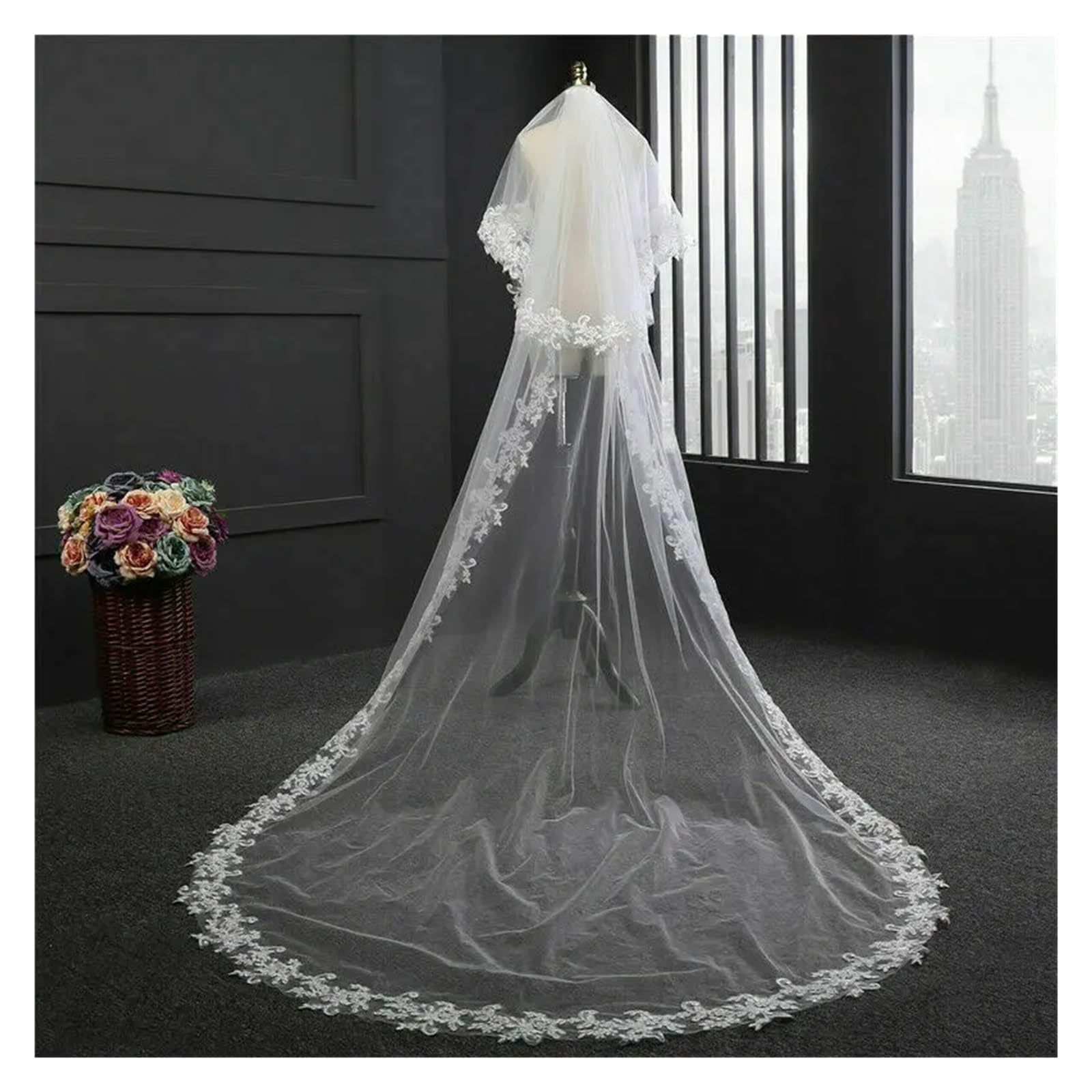 Velo de Novia Blanco Marfil de 3 m de Largo, Mantilla de Encaje con Peine, Accesorio de Boda de Dos Capas Estilo Catedral (Marfil, 300 cm)