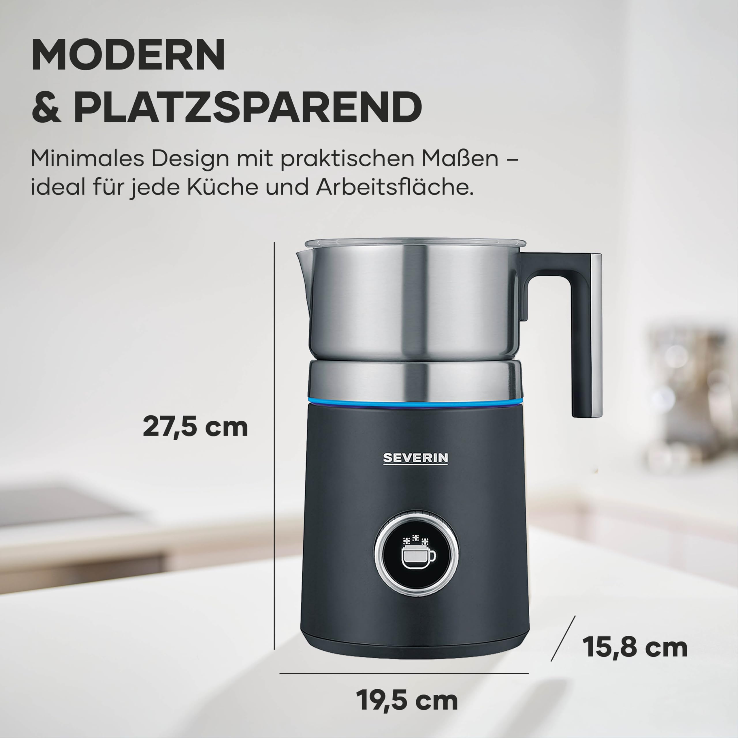 SEVERIN SPUMA 700 Plus Induktions-Milchaufschäumer, 13 Programme, OLED-Display, LED-Lichtring mit Statusanzeige, einfache Reinigung, Barista-Ausgusszotte, Edelstahl-gebürstet, schwarz, SM 3587