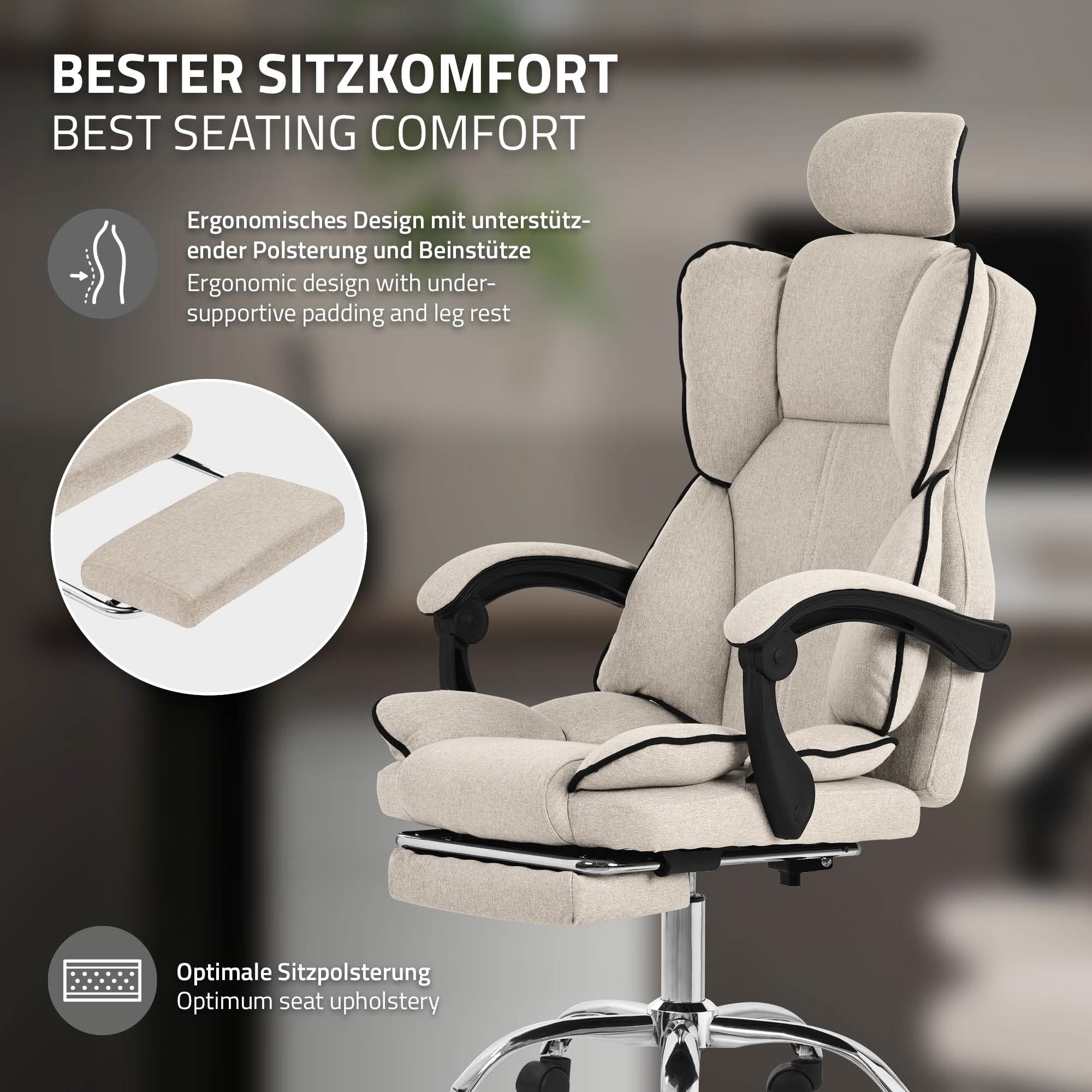 ML-Design Silla de Ordenador Beige Ergonómica Regulable en Altura con Respaldo Alto Asiento Gaming Giratorio con Reposapíes, Cojín y Reposacabezas Mueble de Oficina con Función Balancín