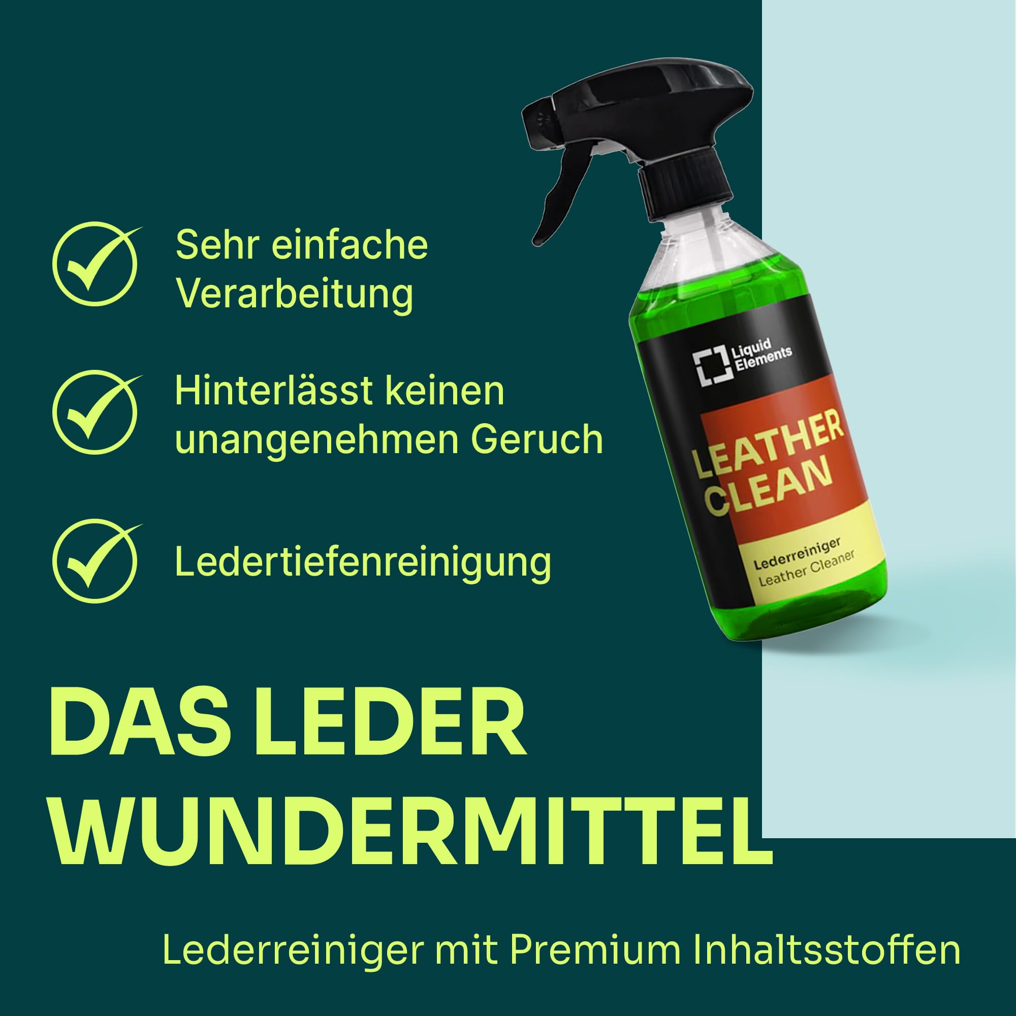 Liquid Elements Leder-Set, Leather Clean & Care 500ml + Zubehör | Sanfte Lederpflege für Auto, inkl. 5x Value Microfasertuch, Leder- & Textilbürste