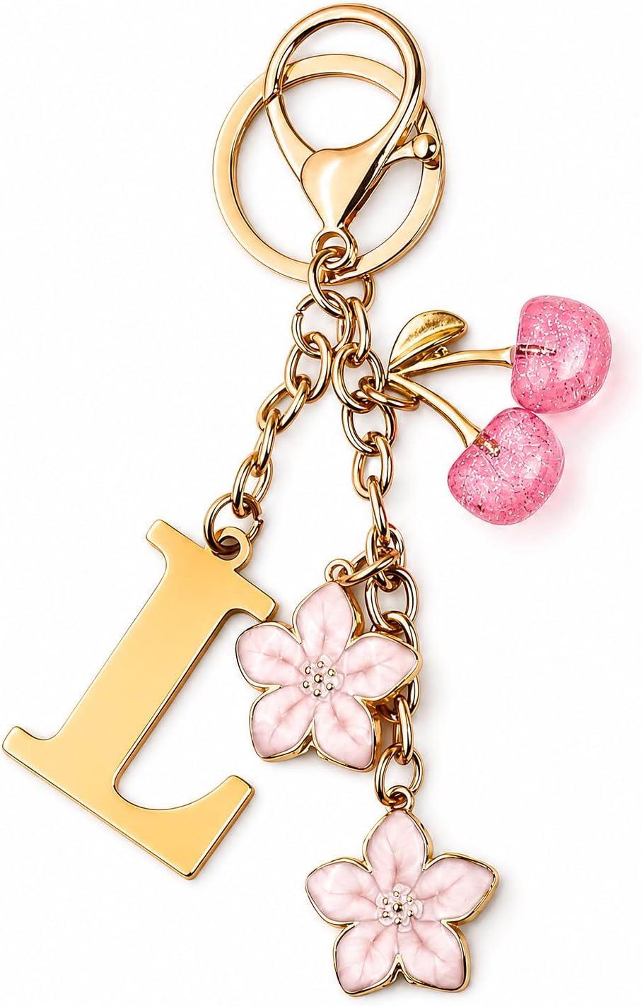 Koythin Initial Keychain for Women, Cute Cherry and Floral Key Ring