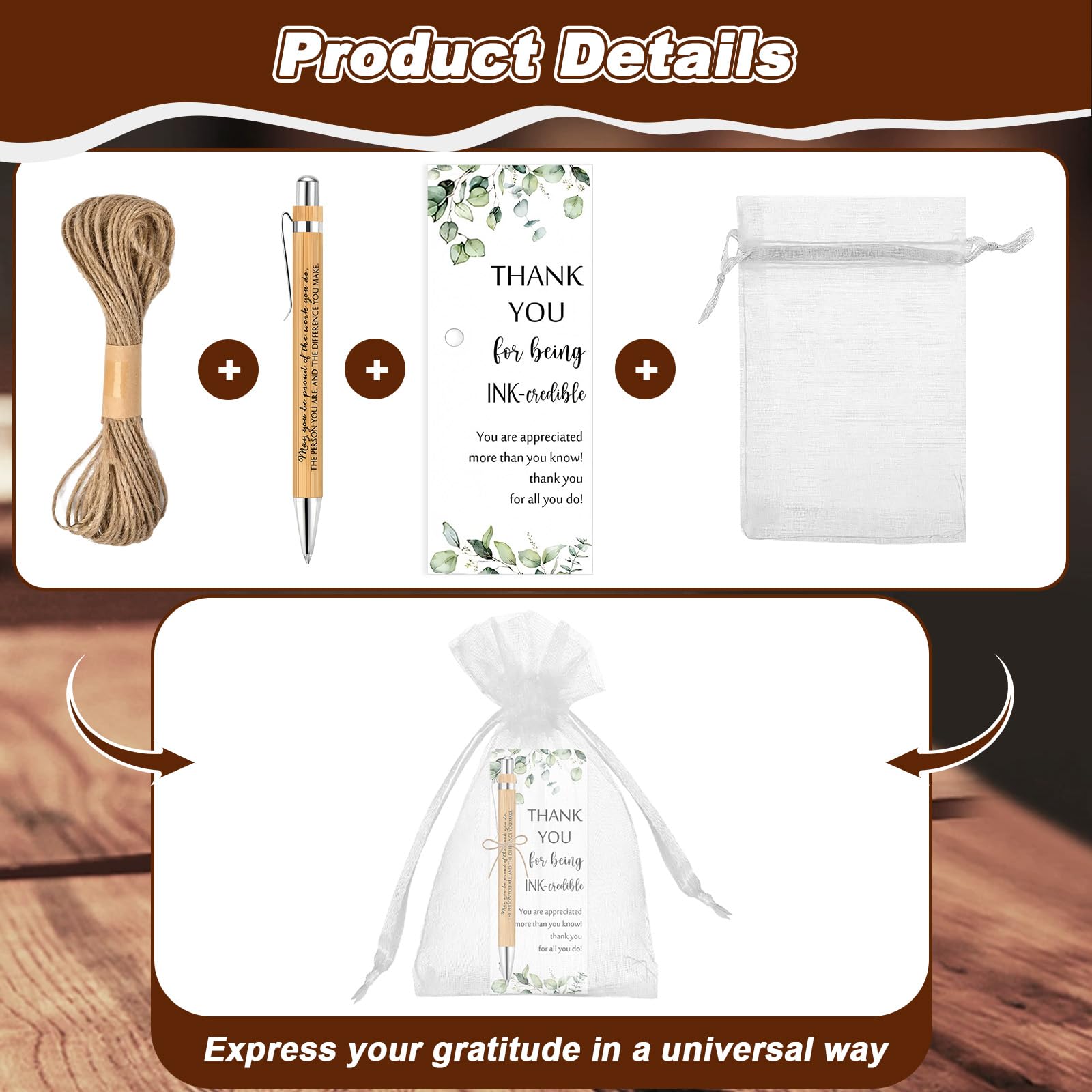 Aurobest 20 Sets Thank you Gifts with Cards & Organza Bag, Bamboo Ballpoint, Inspirational Personalised Pens, Motivational Gift Set for Appreciation Employee, Colleagues, Teacher, Volunteer, Coworker - Image 4