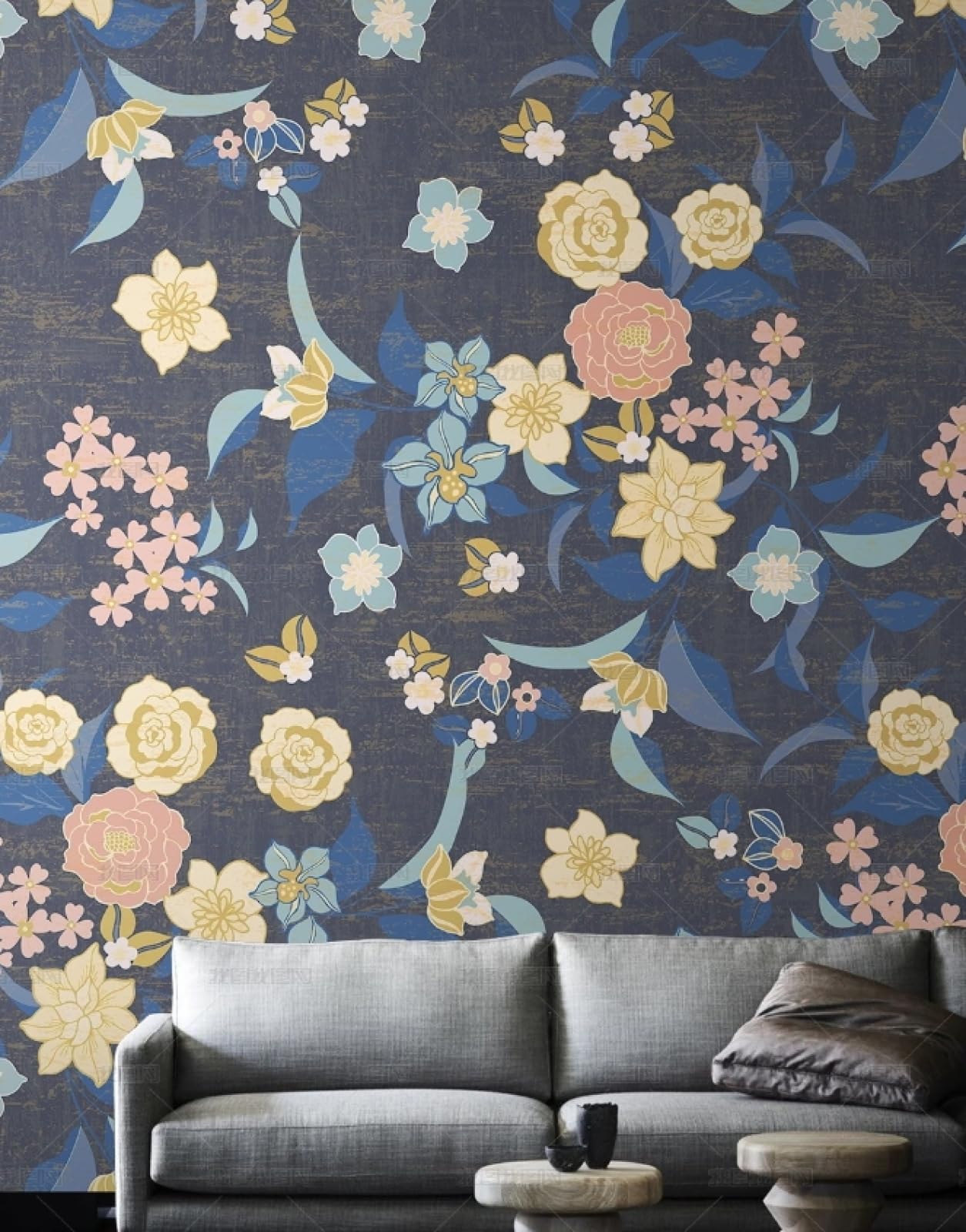 Papier peint bleu floral de salon pour mur et chambre